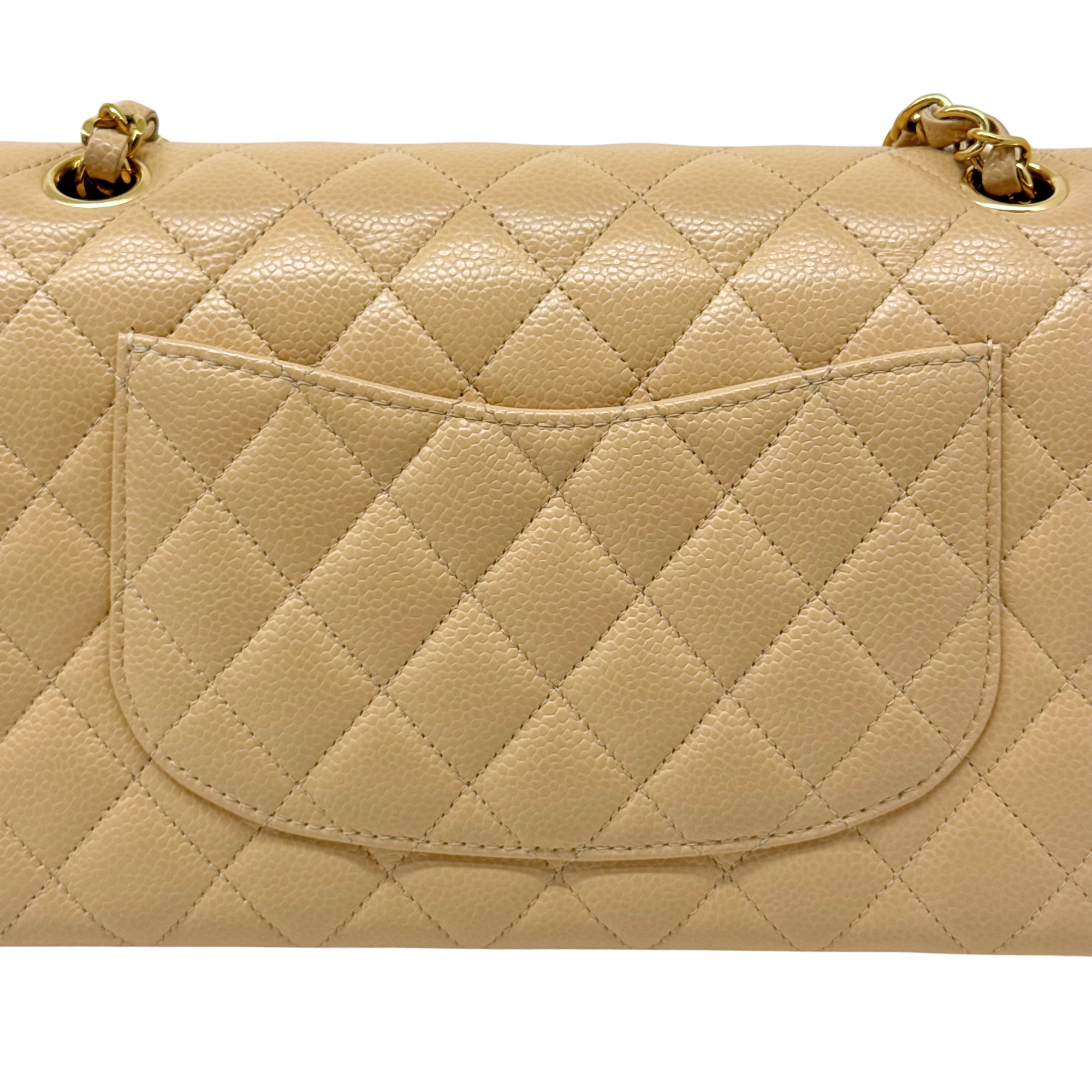 Chanel Beige Quilted Caviar Leather Medium Classic Double Flap Bag microchipped (pre-owned)