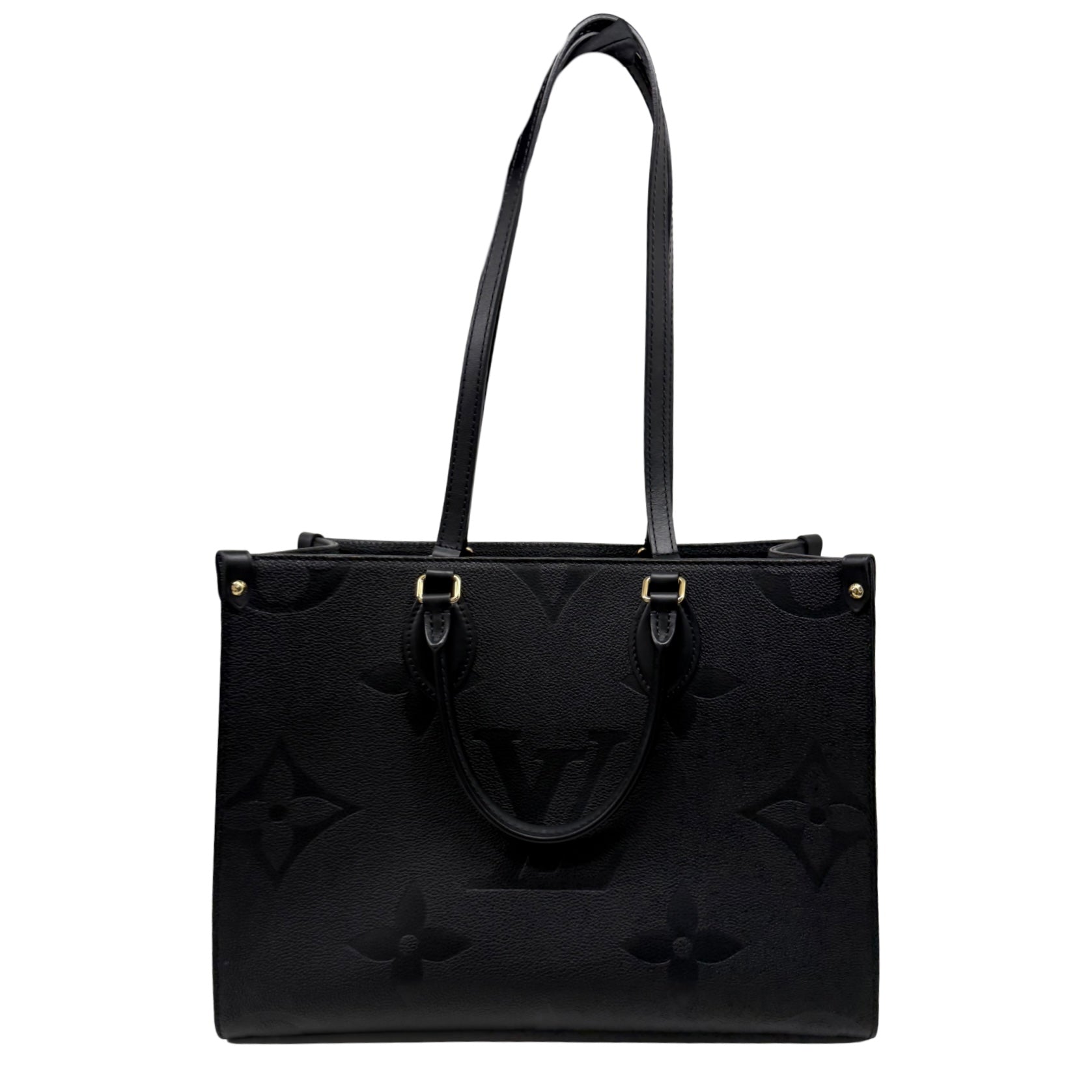 Pre-owned Louis Vuitton black monogram tote bag with long top handles and front emblem details