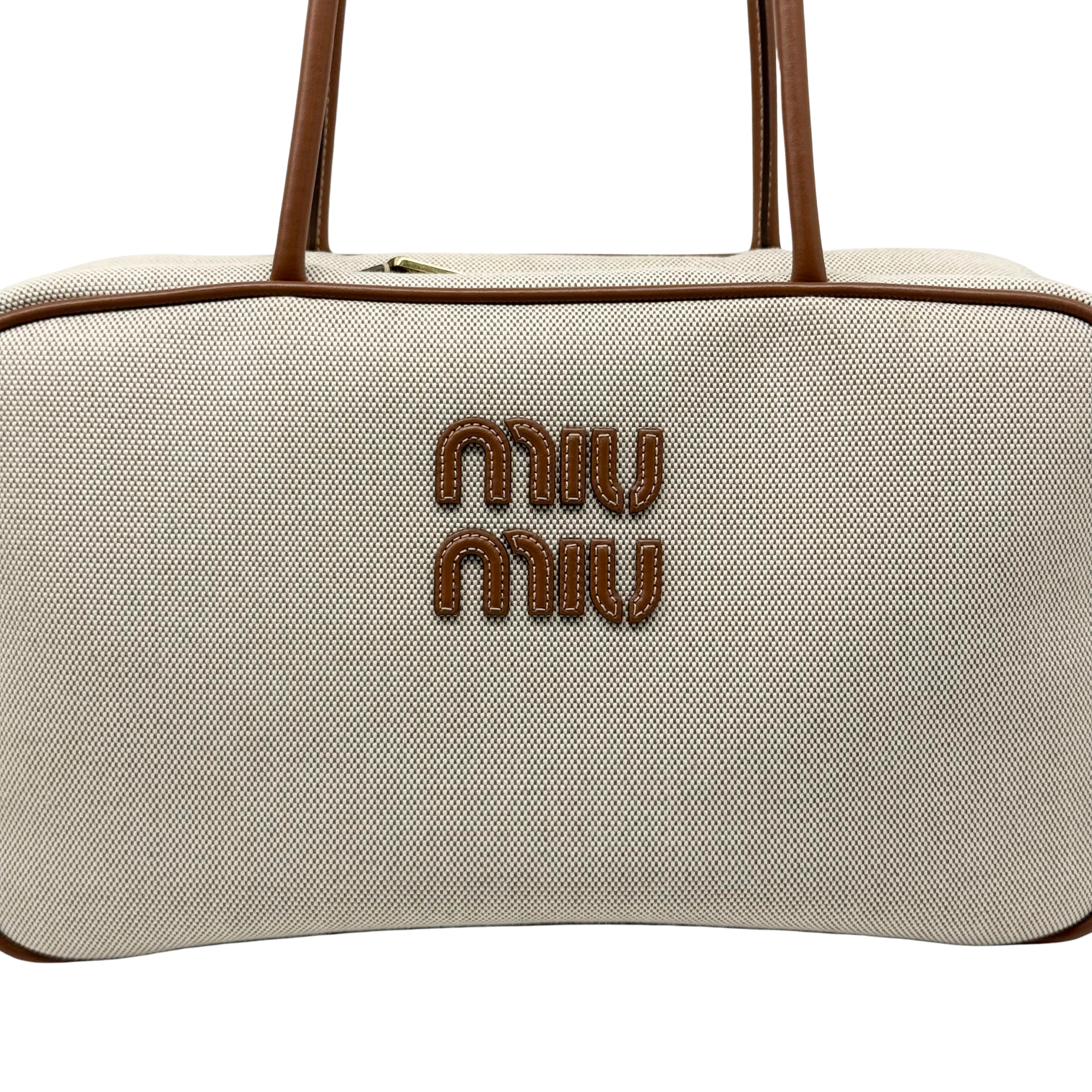 Miu Miu canvas duffel bag front with double Miu Miu logo