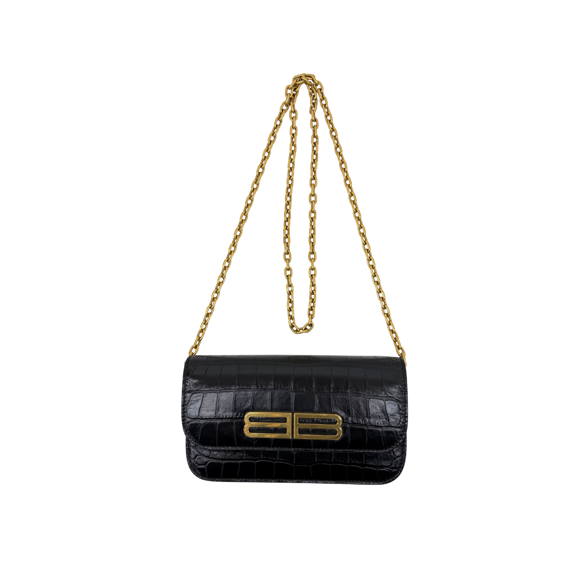 Black croc-embossed leather crossbody bag with gold chain strap and gold B logo flap.