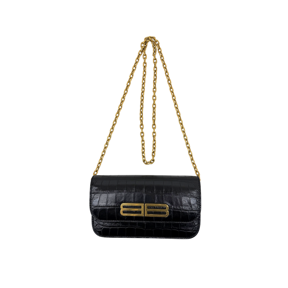Black croc-embossed leather crossbody bag with gold chain strap and gold B logo flap.
