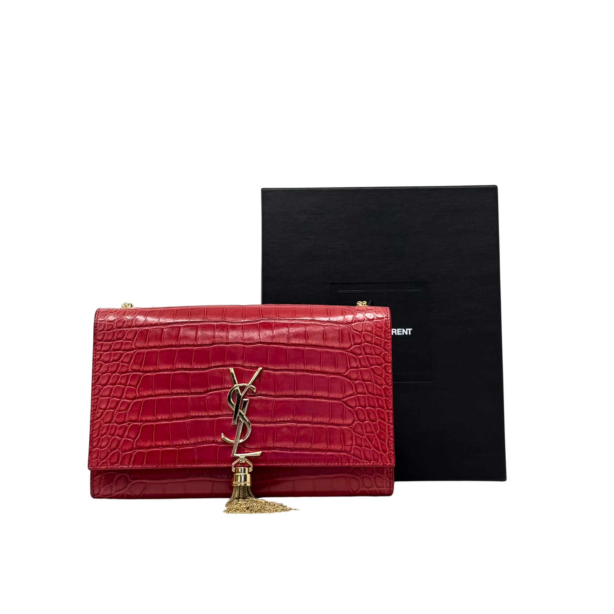 Red crocodile-embossed leather flap bag with gold Y logo; includes dust cover