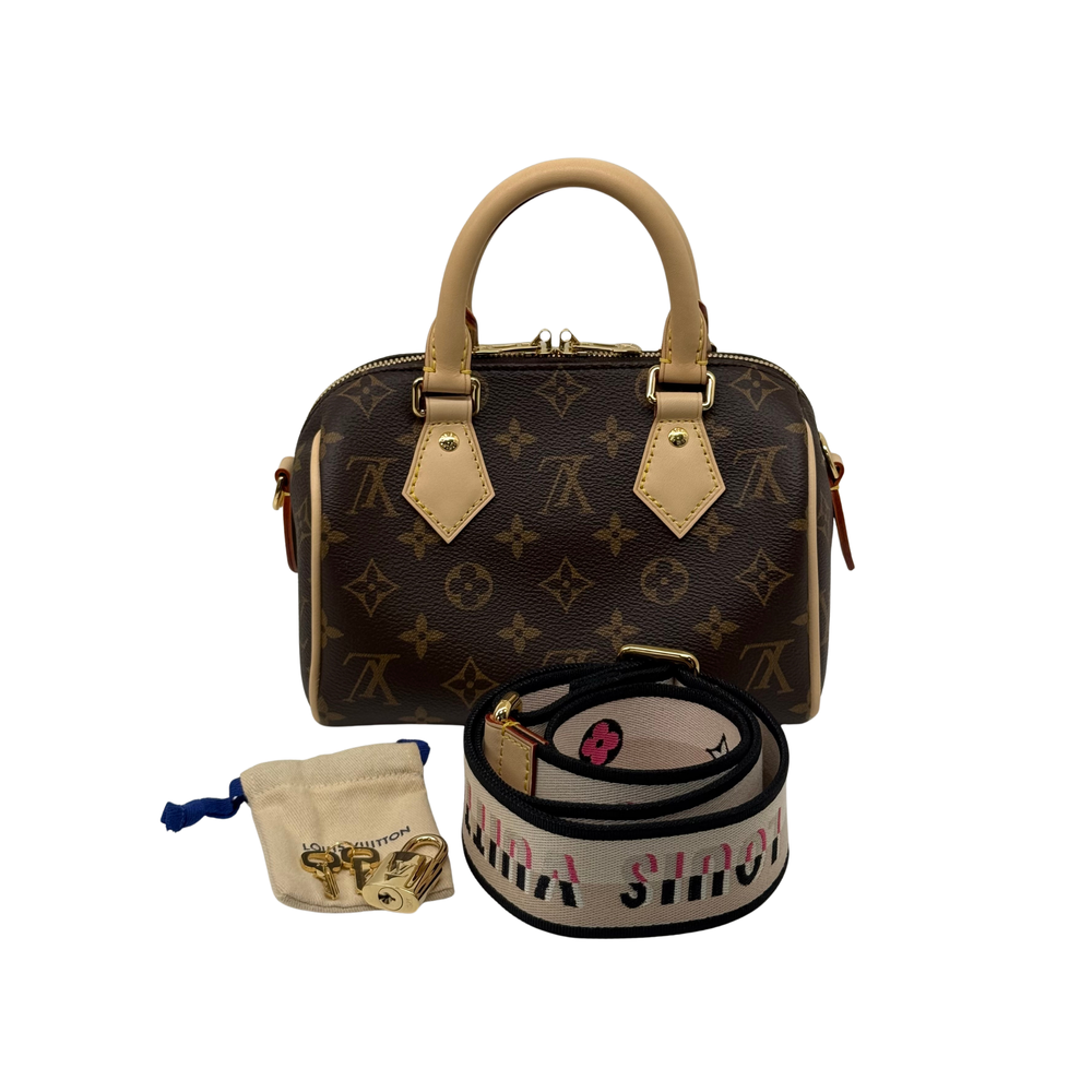 Louis Vuitton monogram mini handbag with top handles, strap, and small pouch