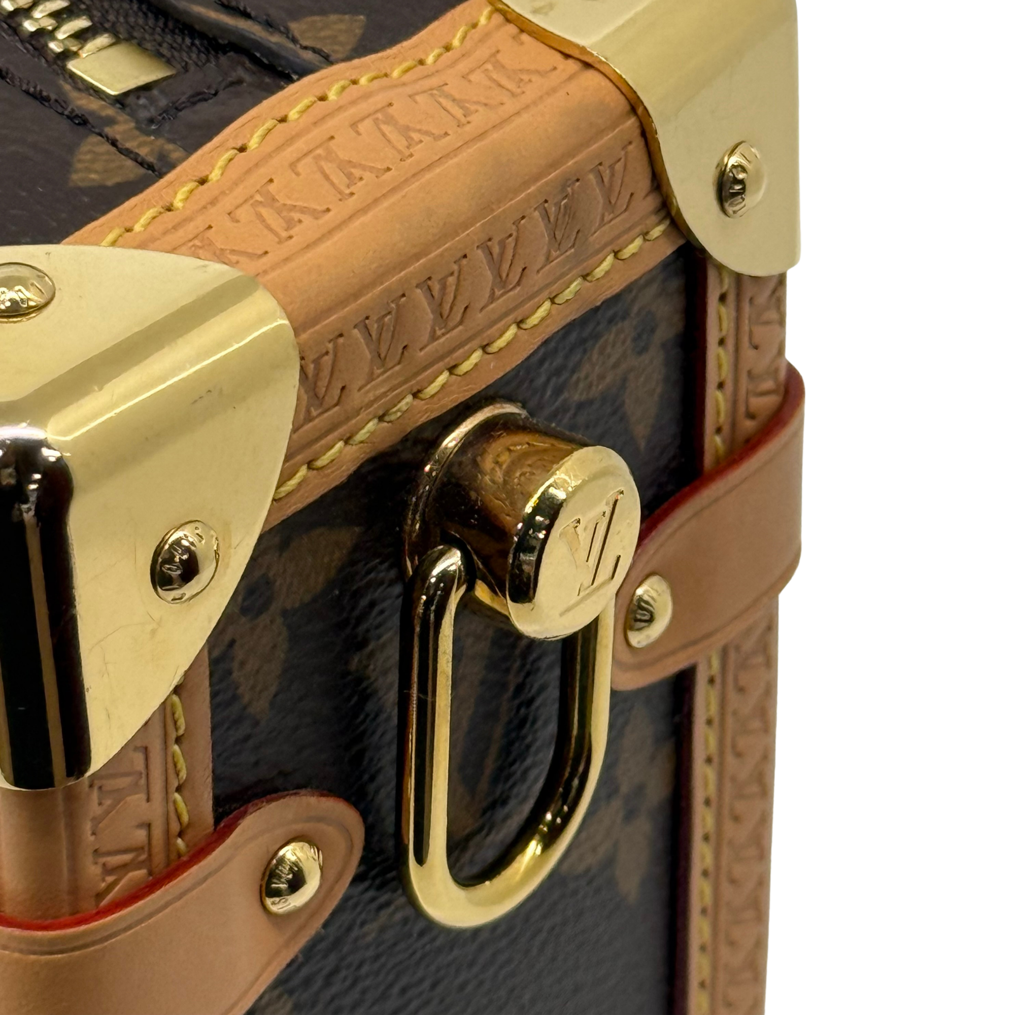 Louis Vuitton monogram handbag side strap with gold-tone clasp and tan edging