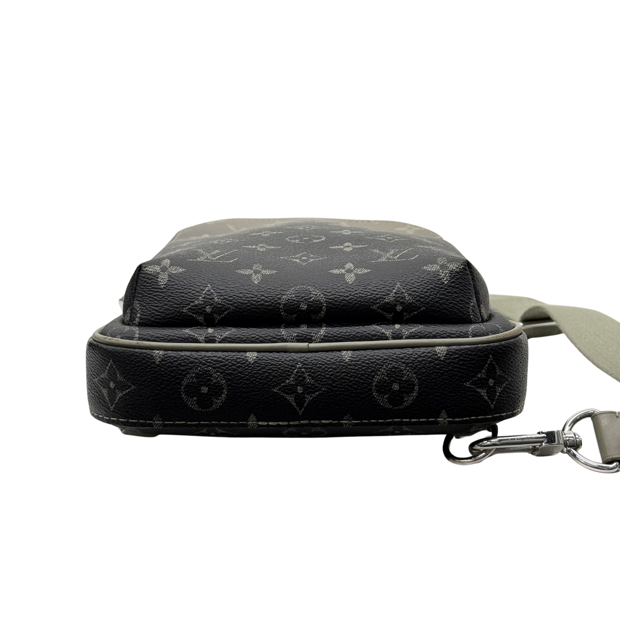 Louis Vuitton monogram crossbody bag with dome-shaped top and green strap