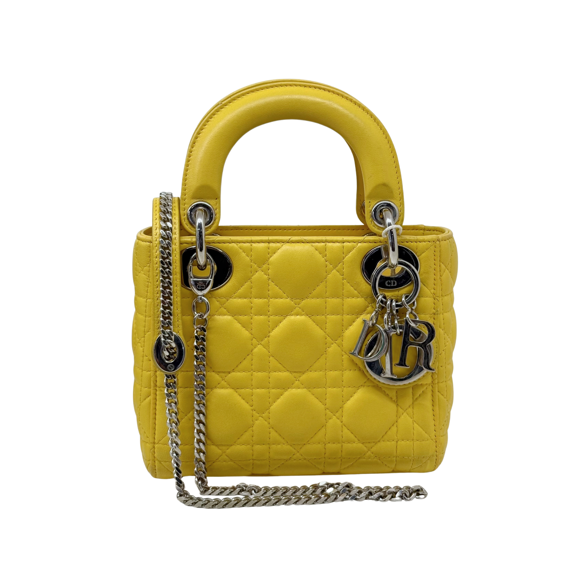Dior Lady Mini Flap – Cannage Lambskin Yellow Silver Hardware Chain Strap Silver Hardware
 (pre-owned)