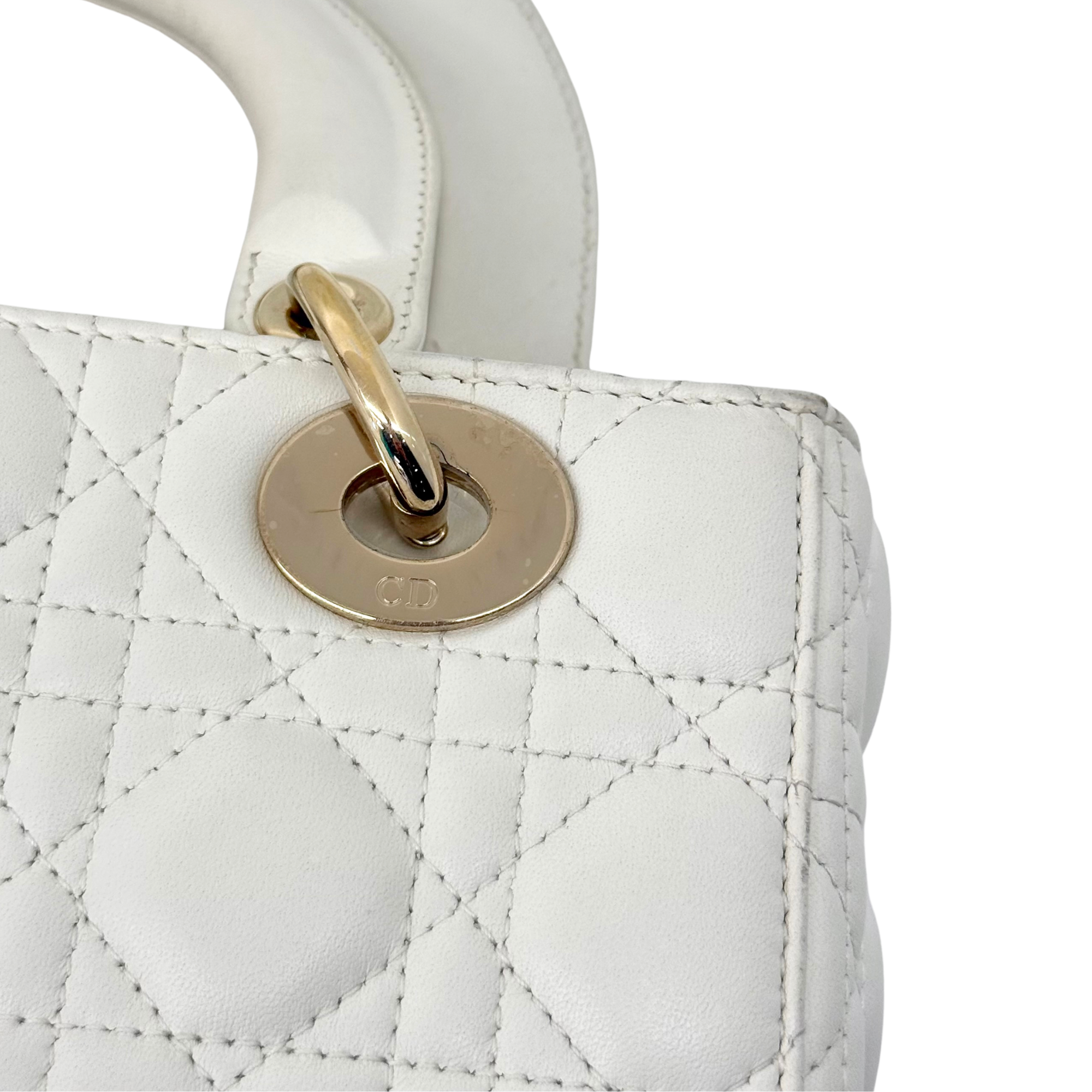 Dior Lady Dior Small White Cannage Lambskin Leather Top Handle Bag (pre-owned)