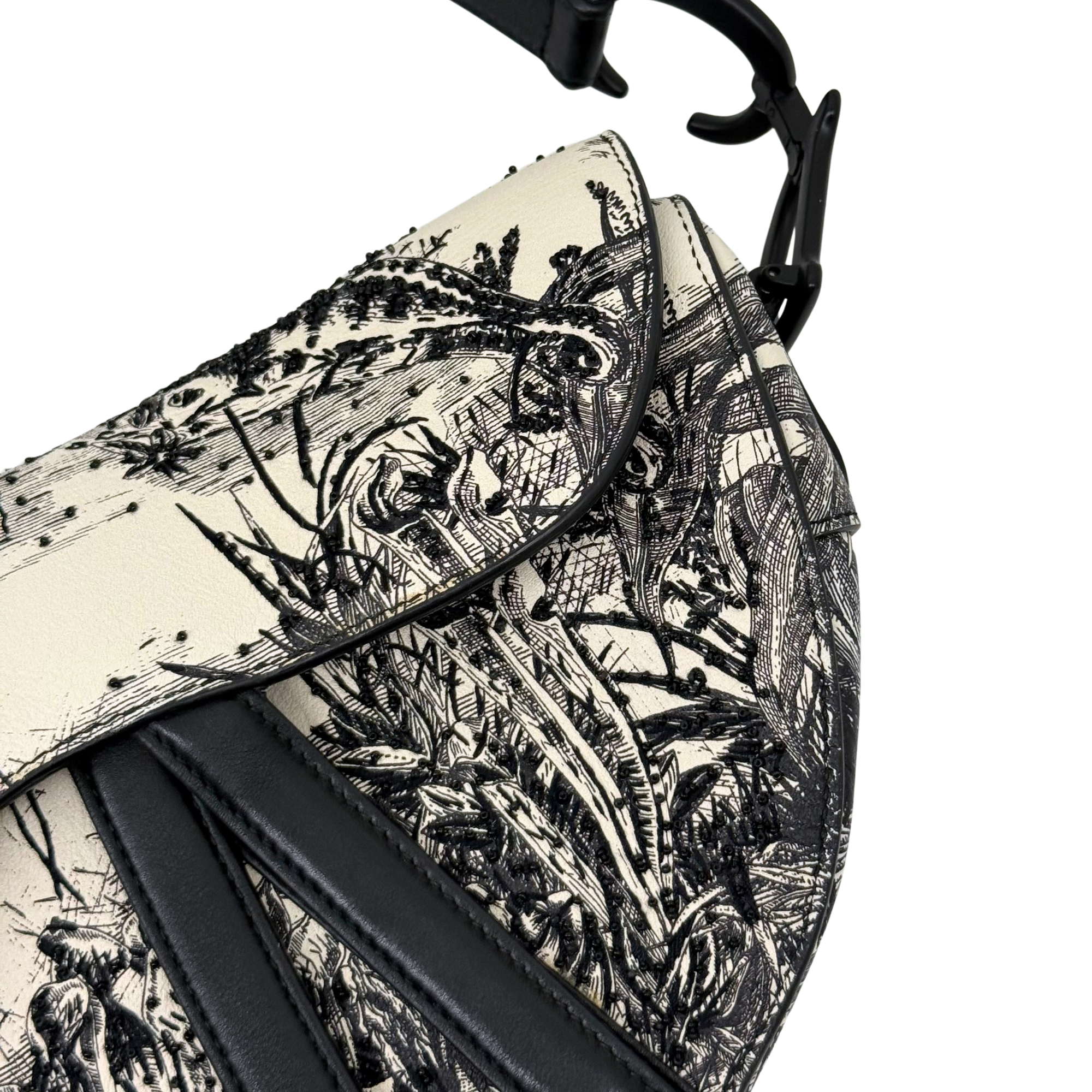 Christian Dior Calfskin Embroidered Palm Tree Toile De Jouy Saddle Bag White Black (pre-owned)