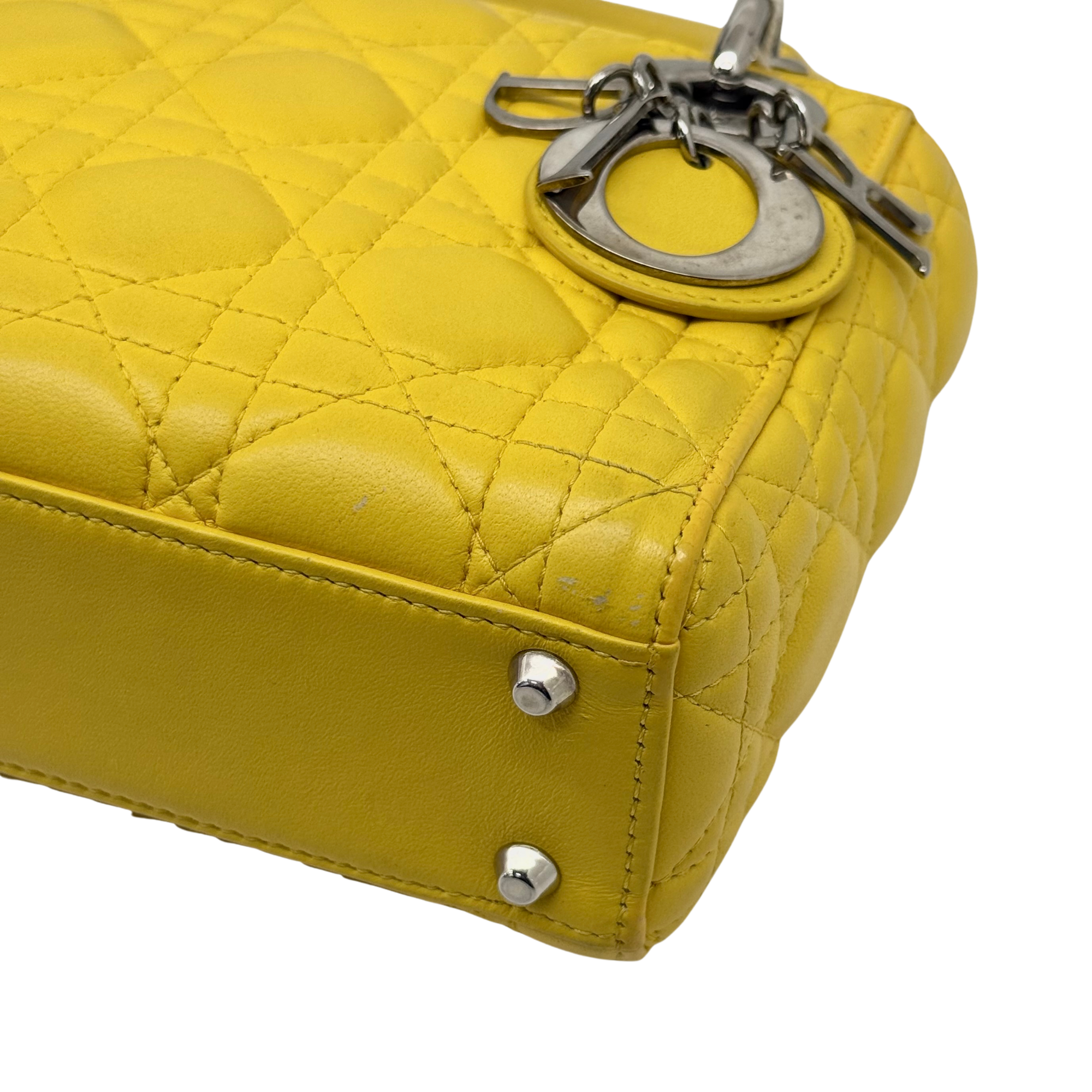 Dior Lady Mini Flap – Cannage Lambskin Yellow Silver Hardware Chain Strap Silver Hardware
 (pre-owned)