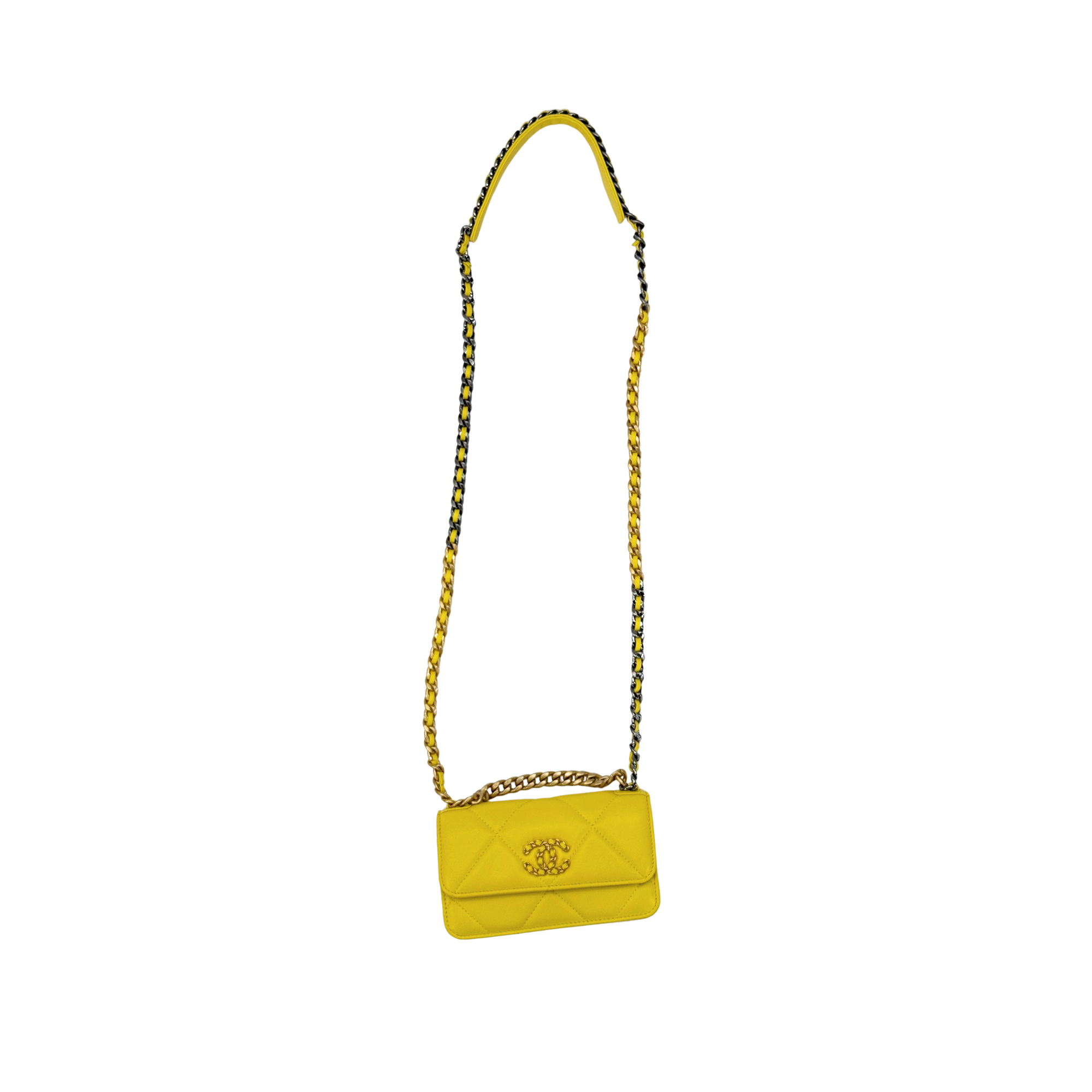 Yellow mini crossbody bag with flap, gold chain strap, and small logo