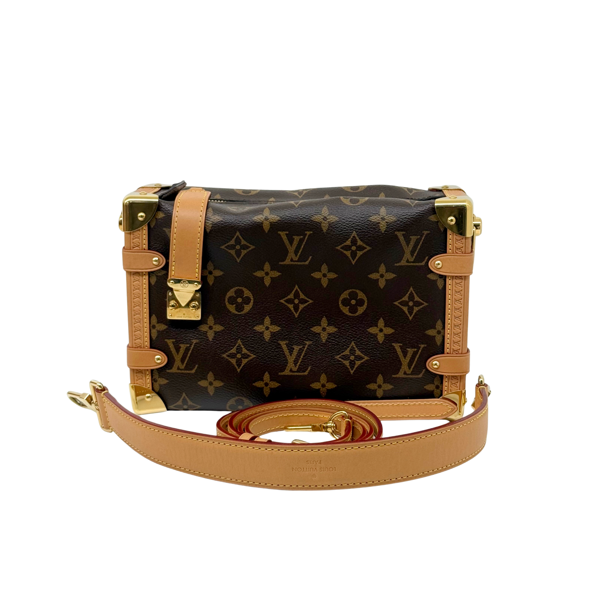 Monogram canvas crossbody bag with tan leather trim, front hardware, and strap attachment