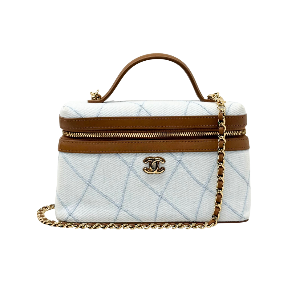 Light blue Chanel handbag with brown top handle, chain strap, and front zipper