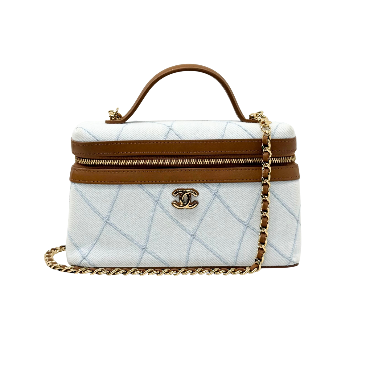 Light blue Chanel handbag with brown top handle, chain strap, and front zipper