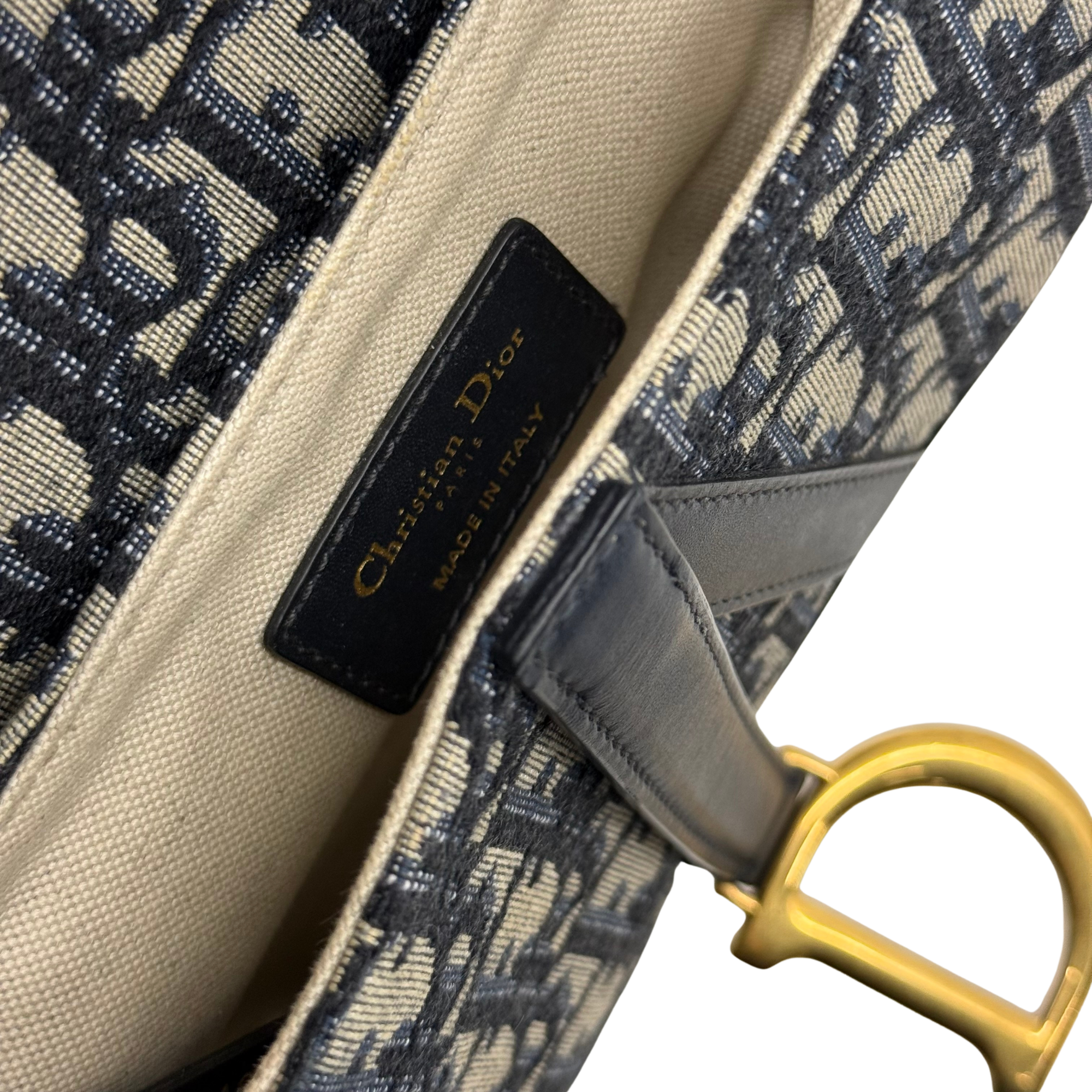 Pre-owned Dior saddle bag lining with Dior stamp, black leather trim, gold hardware