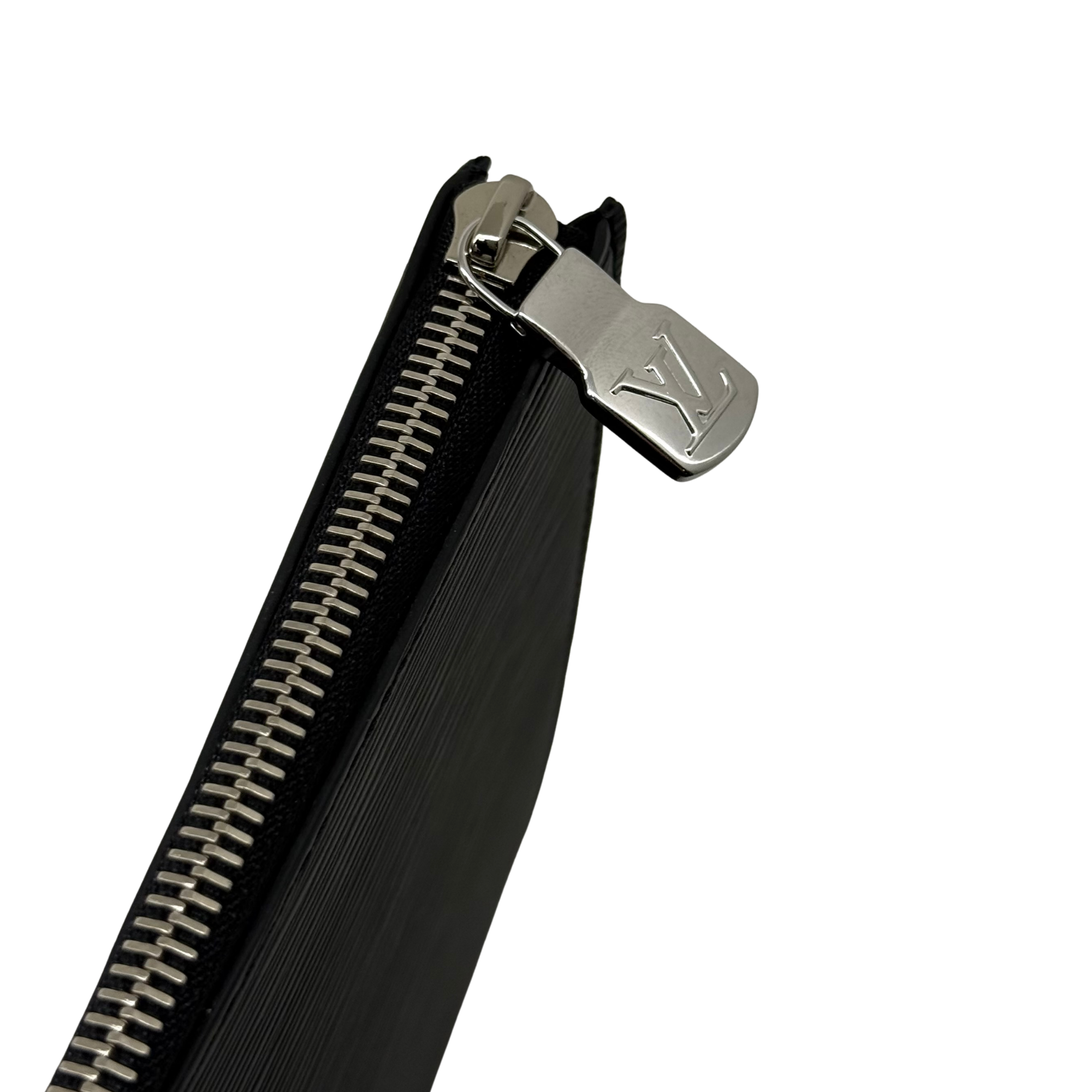 Louis Vuitton black leather wallet with metal LV zipper pull and gold-tone teeth