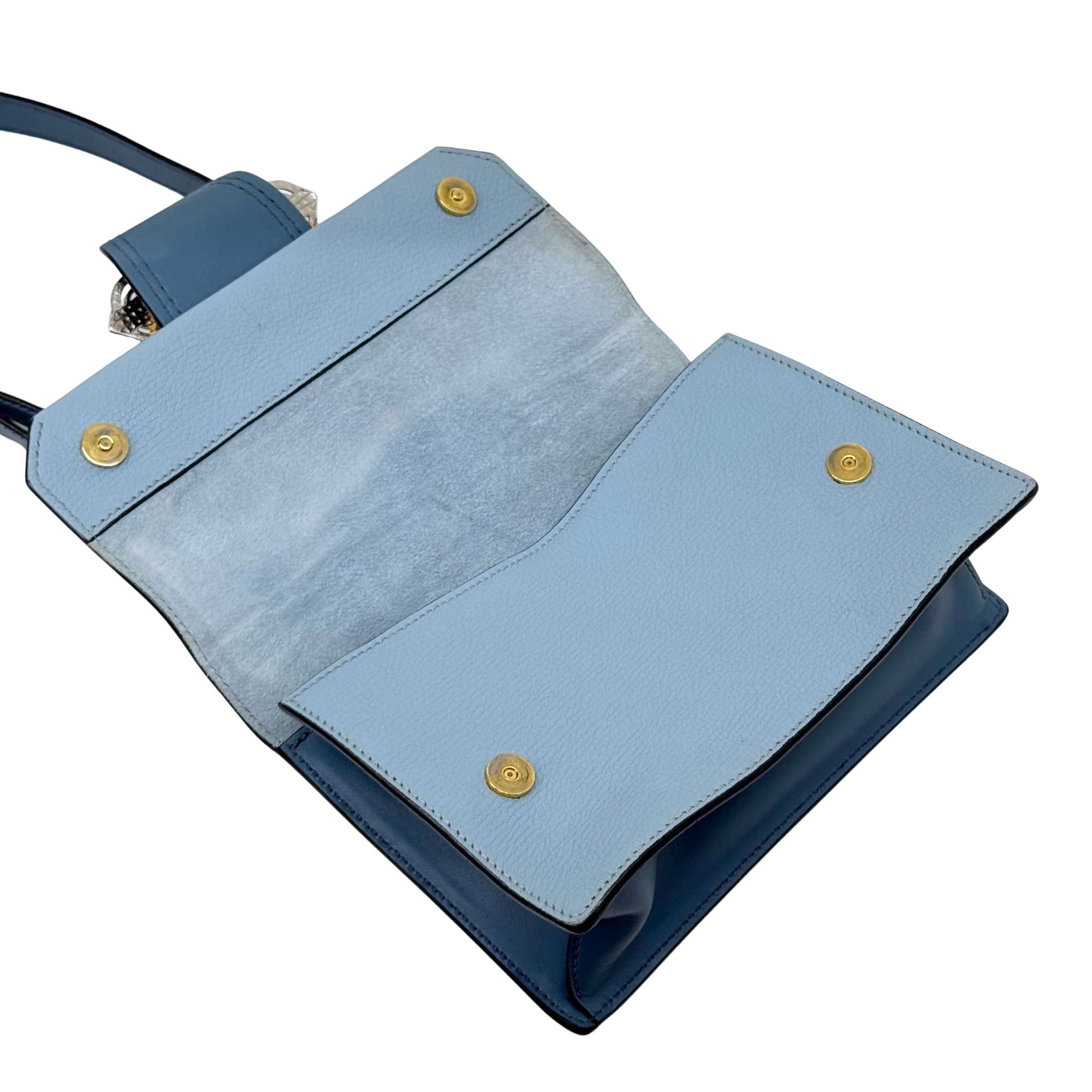 Pre-owned Miu Miu light blue bag with flap, gold snaps, and adjustable strap