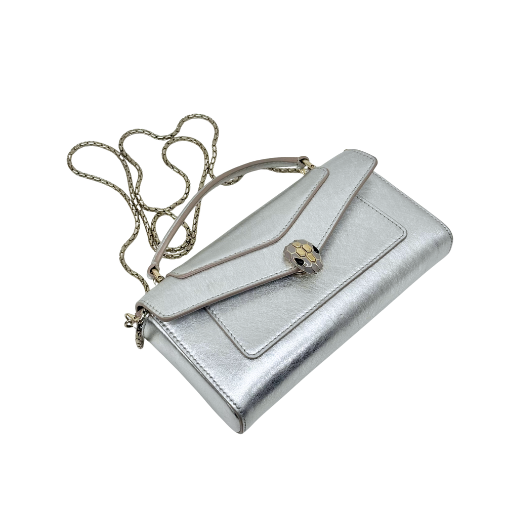 Pre-owned Bulgari silver metallic leather shoulder bag with gold-tone chain strap and flap
