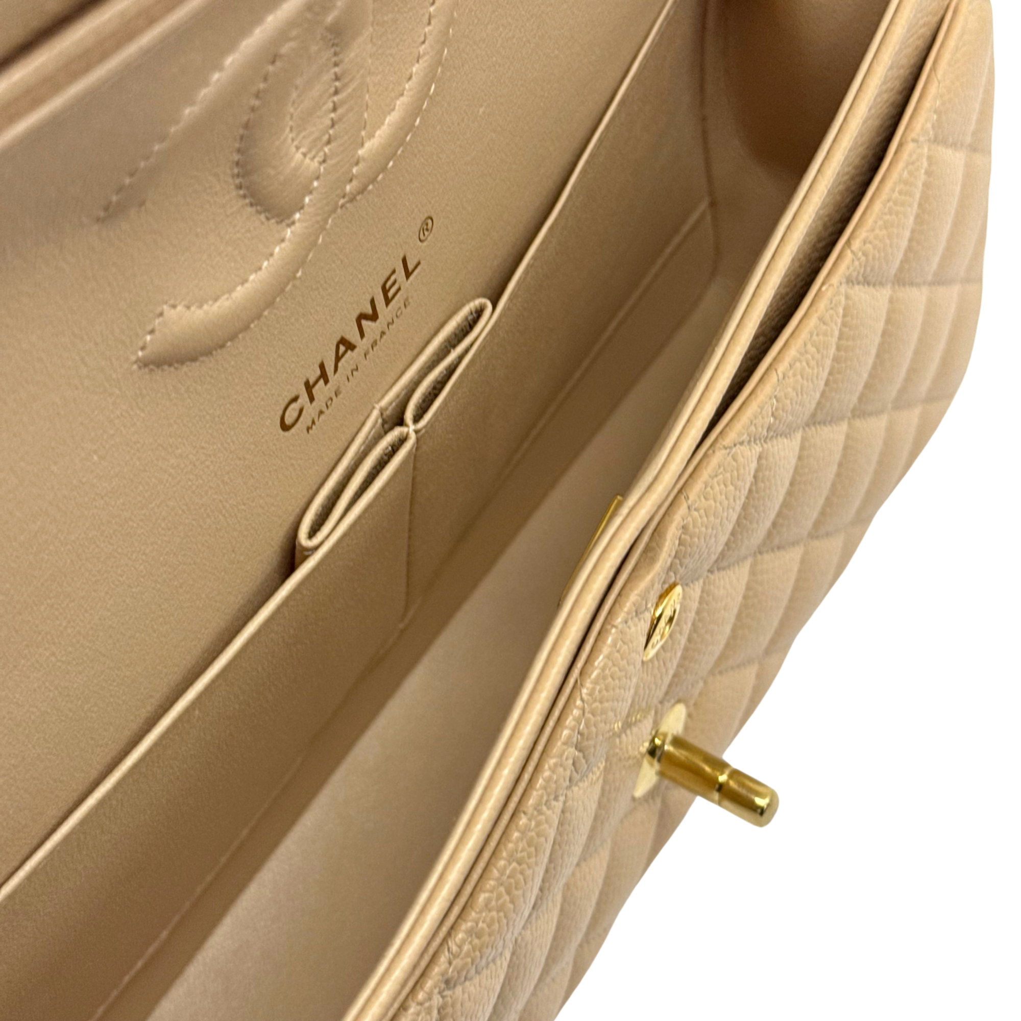 Chanel Beige Quilted Caviar Leather Medium Classic Double Flap Bag microchipped (pre-owned)