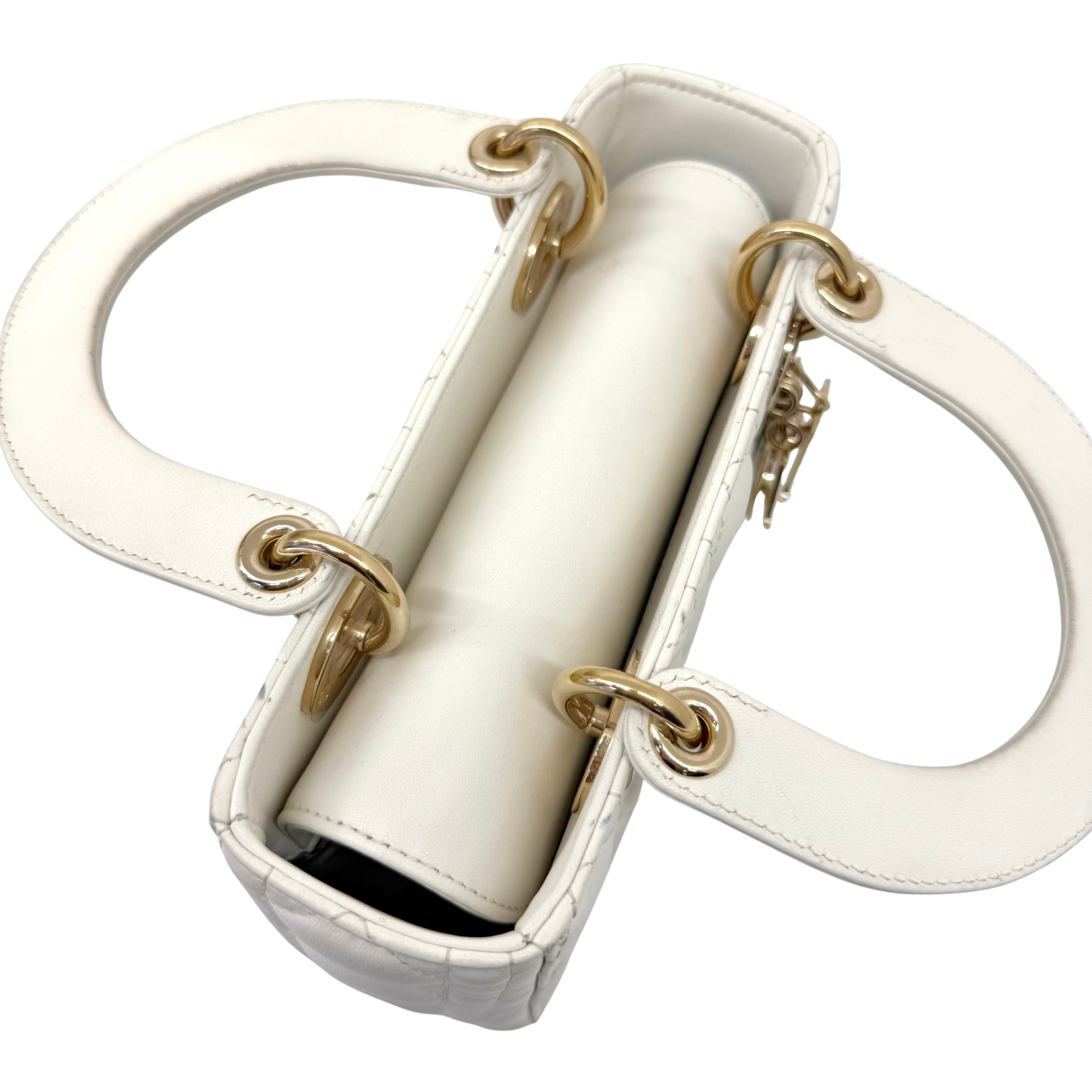 Dior Lady Dior Small White Cannage Lambskin Leather Top Handle Bag (pre-owned)