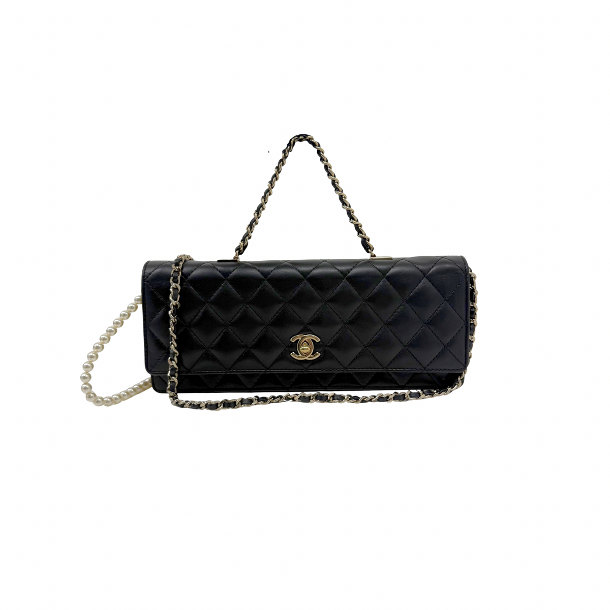 Chanel 2016-2017 East West Flap Pearl Strap Black Lambbskin (pre-owned)