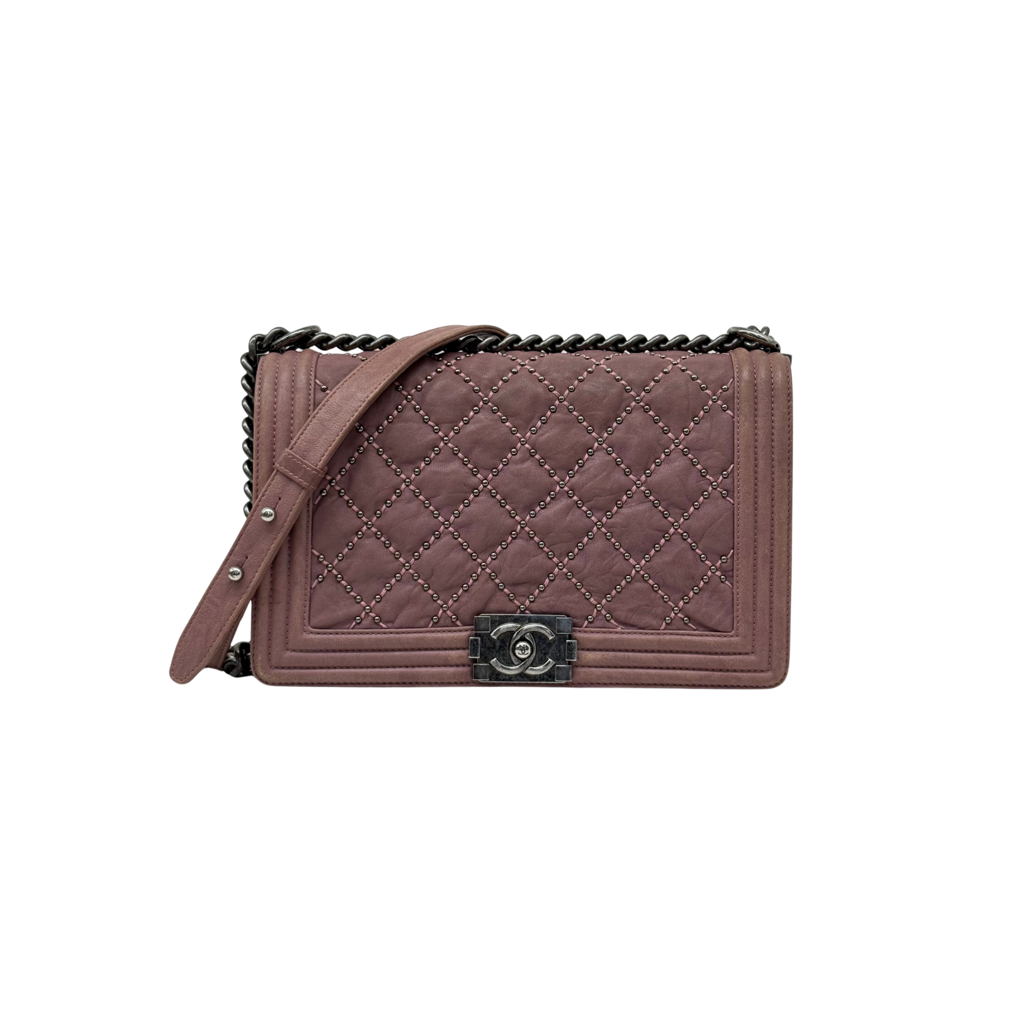 Chanel 2015-2016 Crumpled Lambskin Medium Studded Boy Flap Pink (pre-owned)