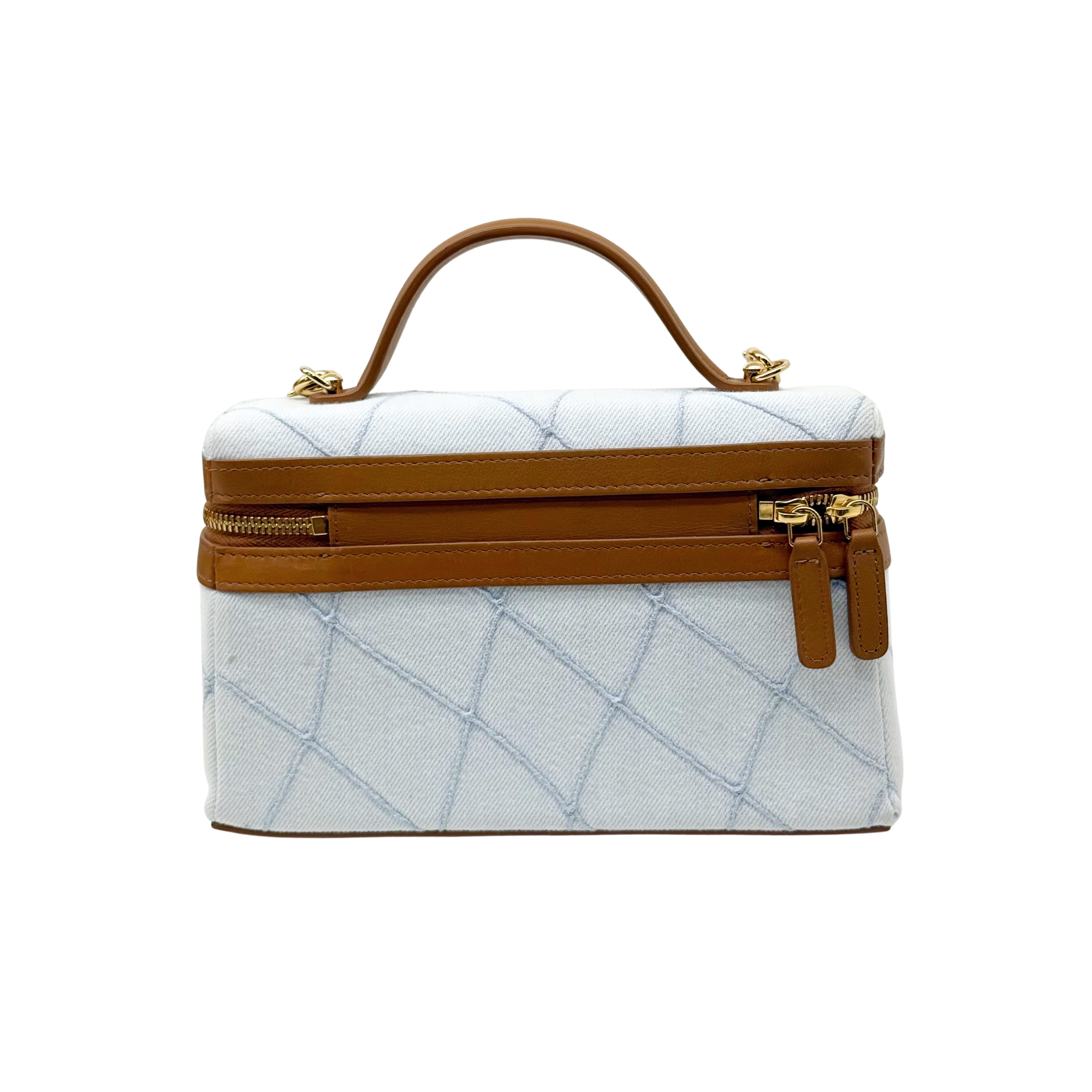 Chanel light-blue quilted mini handbag with top handle, brown leather strap, gold zip