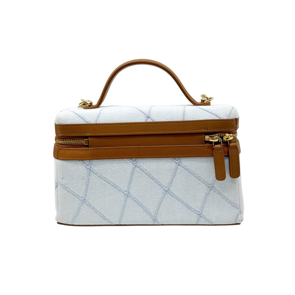 Chanel light-blue quilted mini handbag with top handle, brown leather strap, gold zip