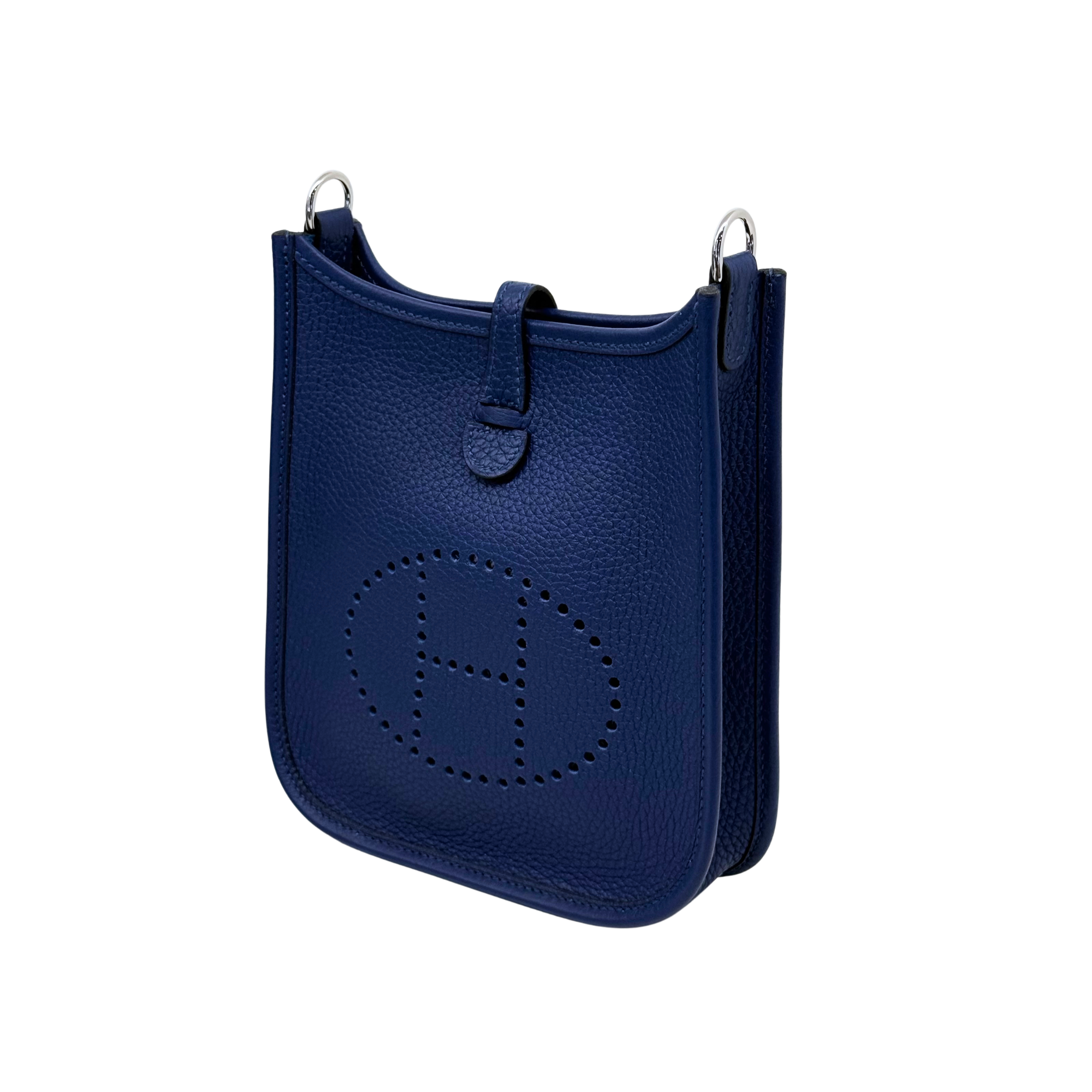 Navy blue leather Evelyne 16 crossbody bag with perforated Hermes logo and top rings