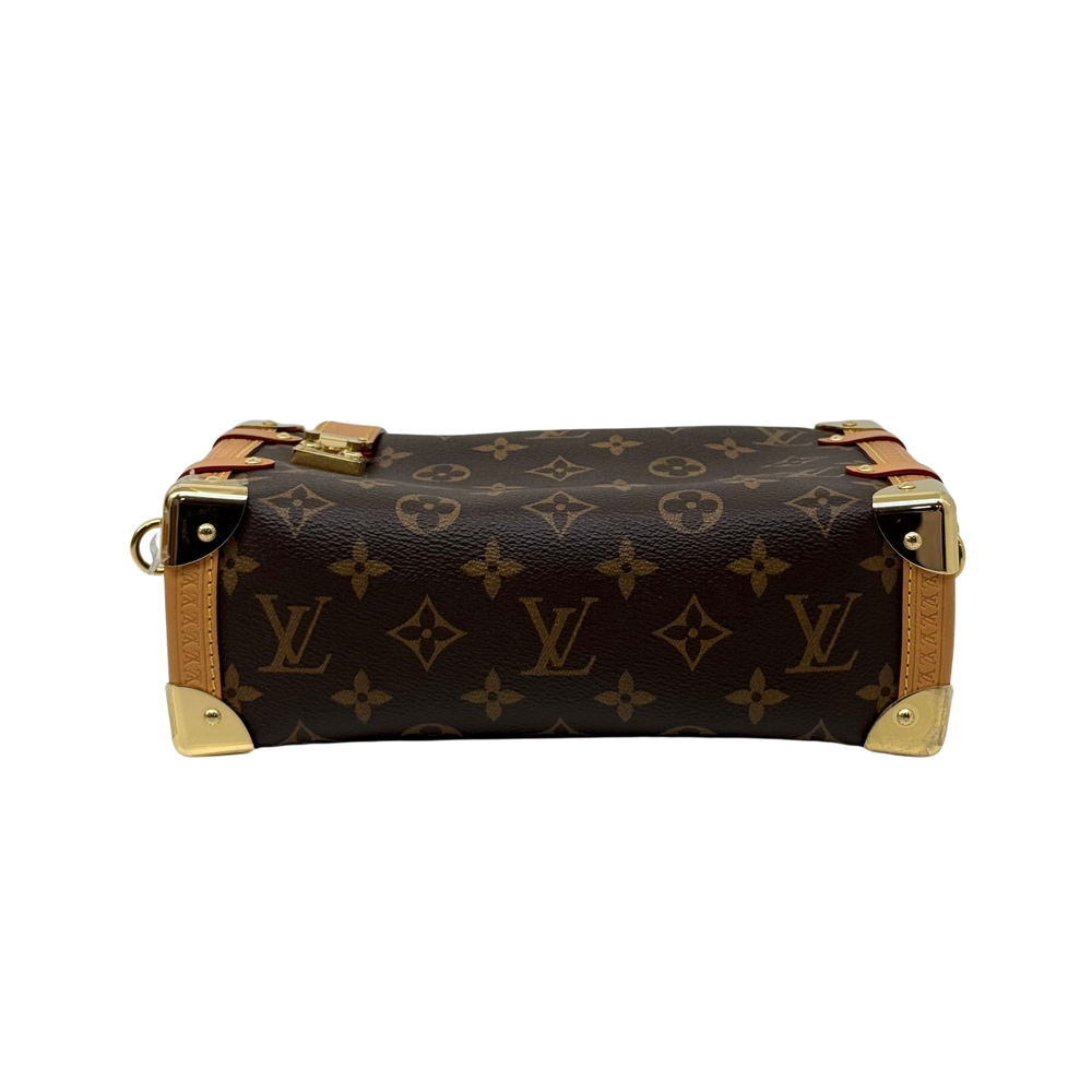 Louis Vuitton monogram handbag with brown canvas, tan straps, gold-tone hardware