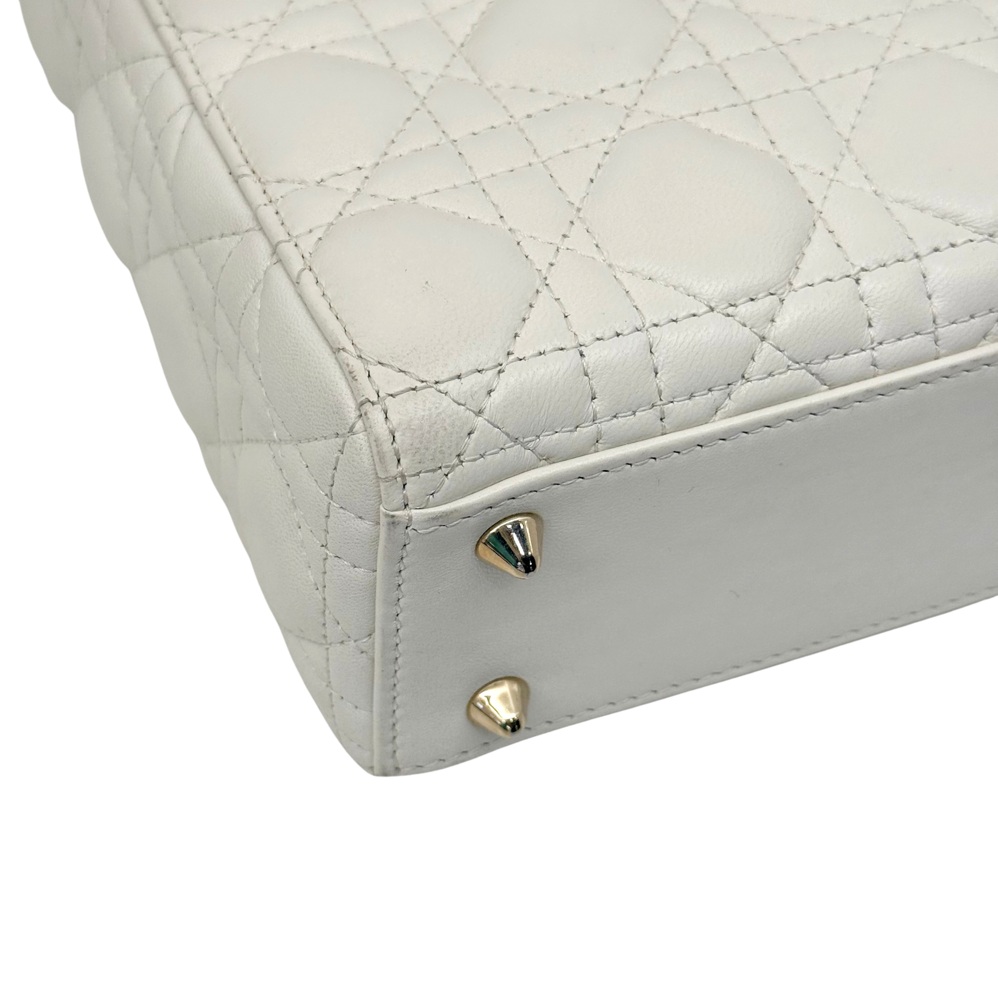 Dior Lady Dior Small White Cannage Lambskin Leather Top Handle Bag (pre-owned)