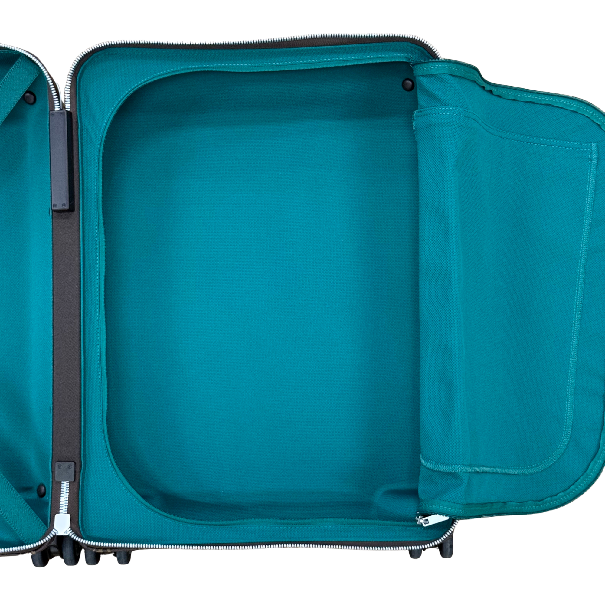 Pre-owned Louis Vuitton rolling suitcase interior, teal fabric lining and zipper panels