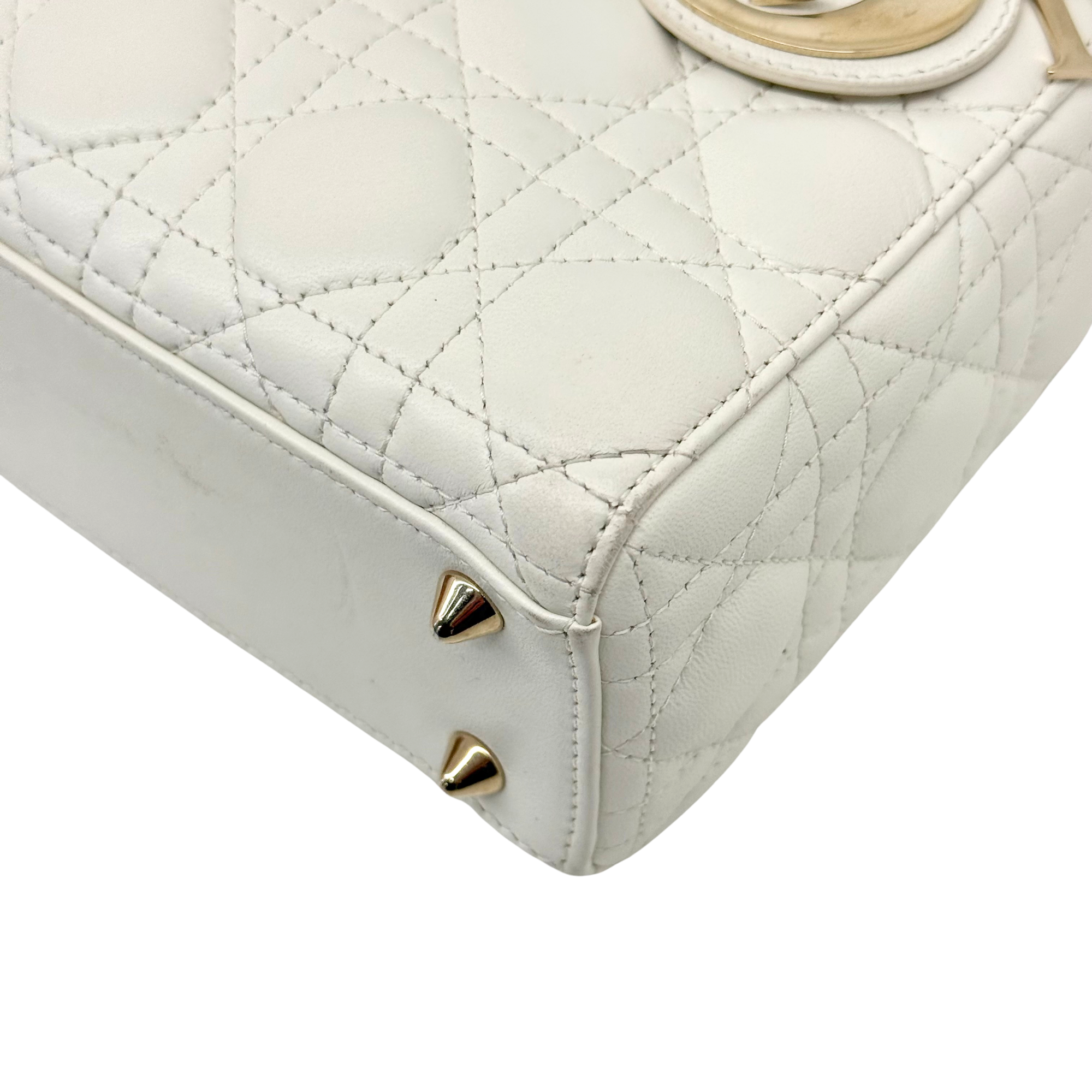 Dior Lady Dior Small White Cannage Lambskin Leather Top Handle Bag (pre-owned)