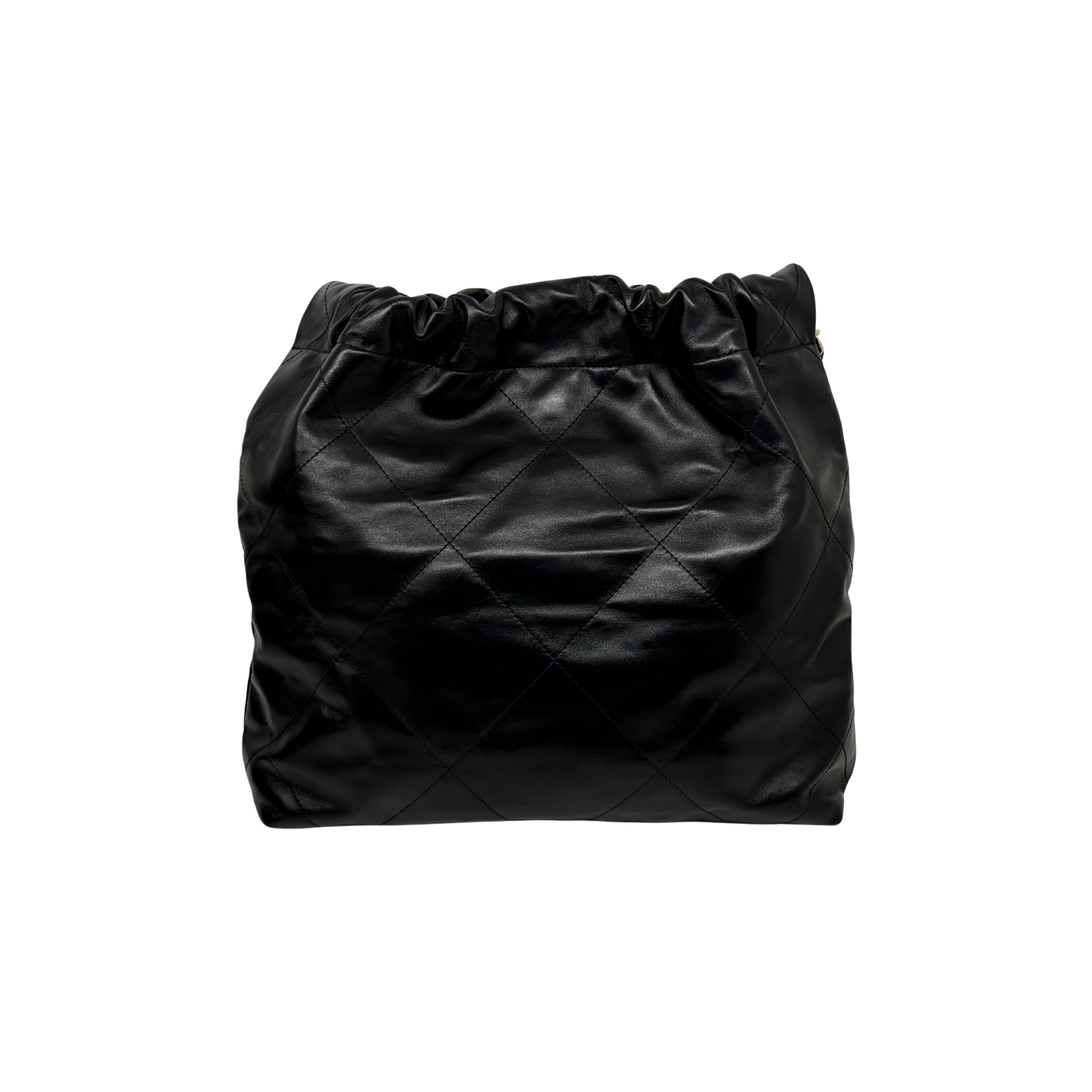 Black quilted Chanel drawstring bag with ruched top and diamond stitching pattern