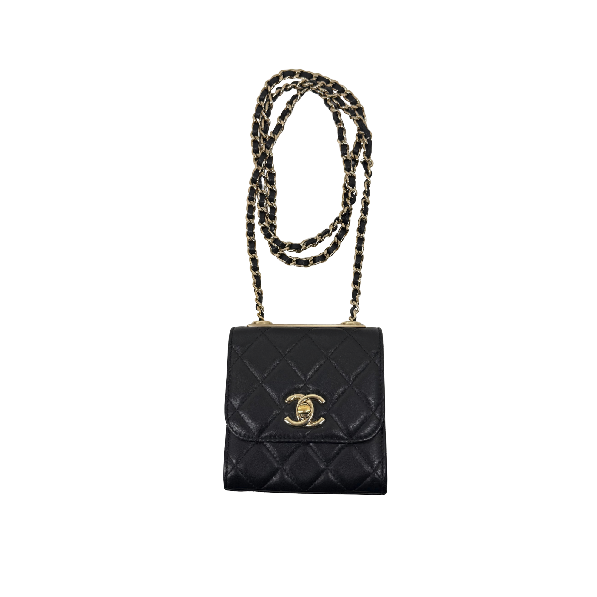 Black Chanel quilted mini flap bag with gold CC emblem and braided chain strap