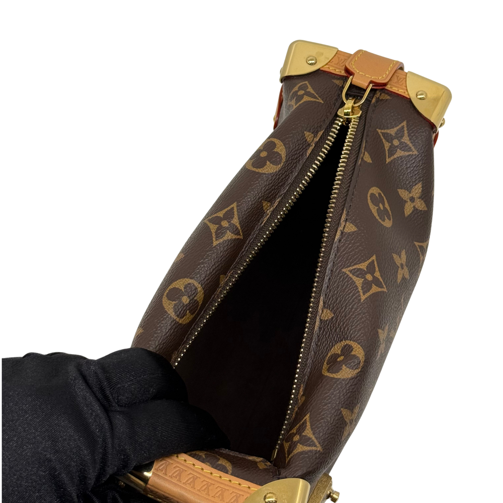 Louis Vuitton monogram mini handbag open top with gold zipper and brown interior