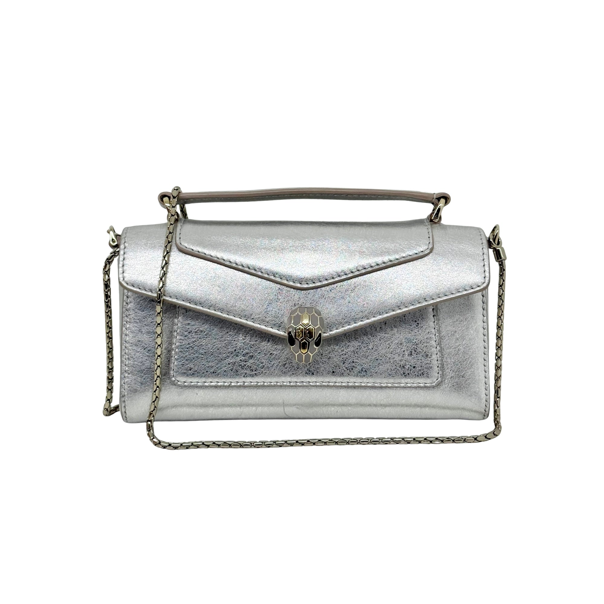 Pre-owned Blvgari silver metallic crossbody bag with chain strap, front flap and clasp
