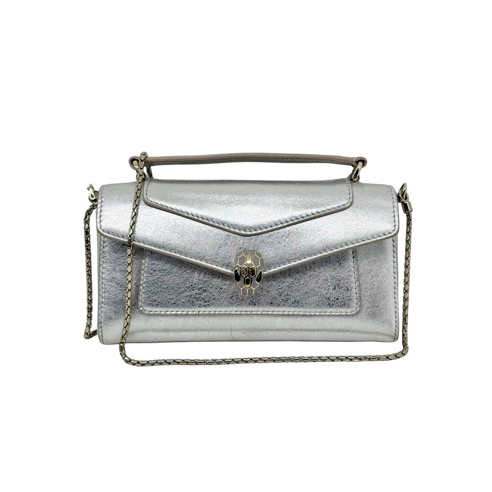 Pre-owned Blvgari silver metallic crossbody bag with chain strap, front flap and clasp