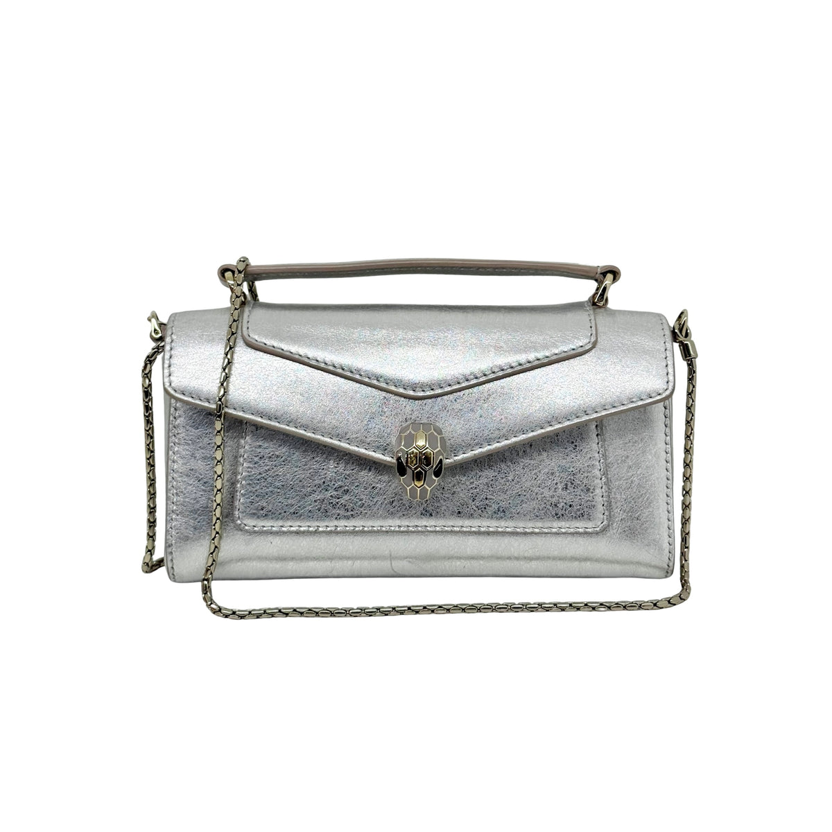 Pre-owned Blvgari silver metallic crossbody bag with chain strap, front flap and clasp