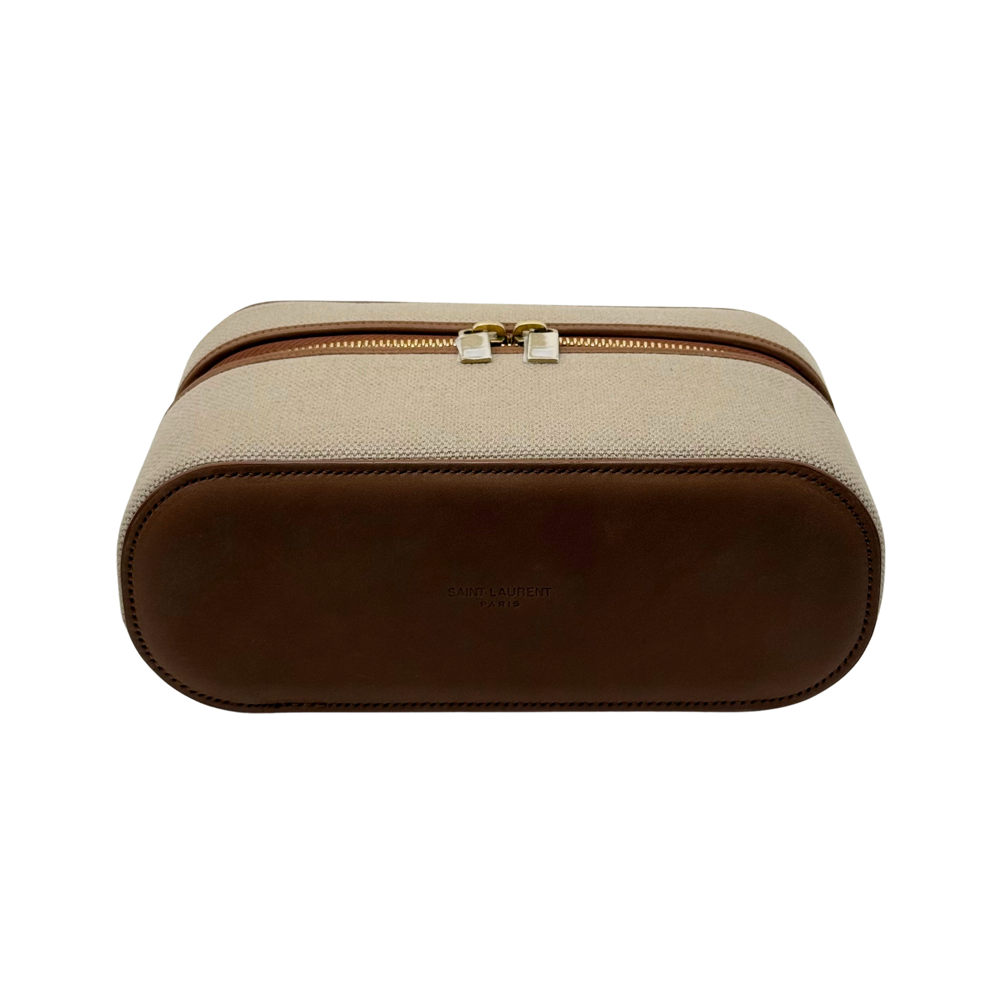 Beige canvas cosmetic case with brown leather trim and top handle, double zipper.