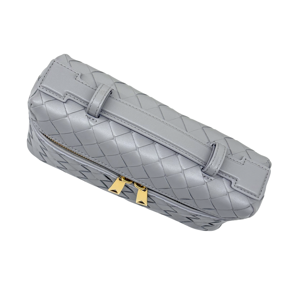 Bottega Veneta gray woven leather long strap bag with gold zipper pull and logo hardware.