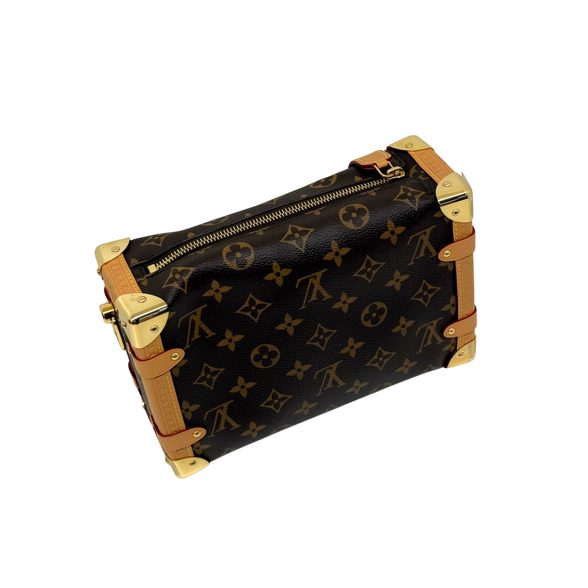 Louis Vuitton monogram handbag with brown fabric, tan leather trim, gold-tone corners