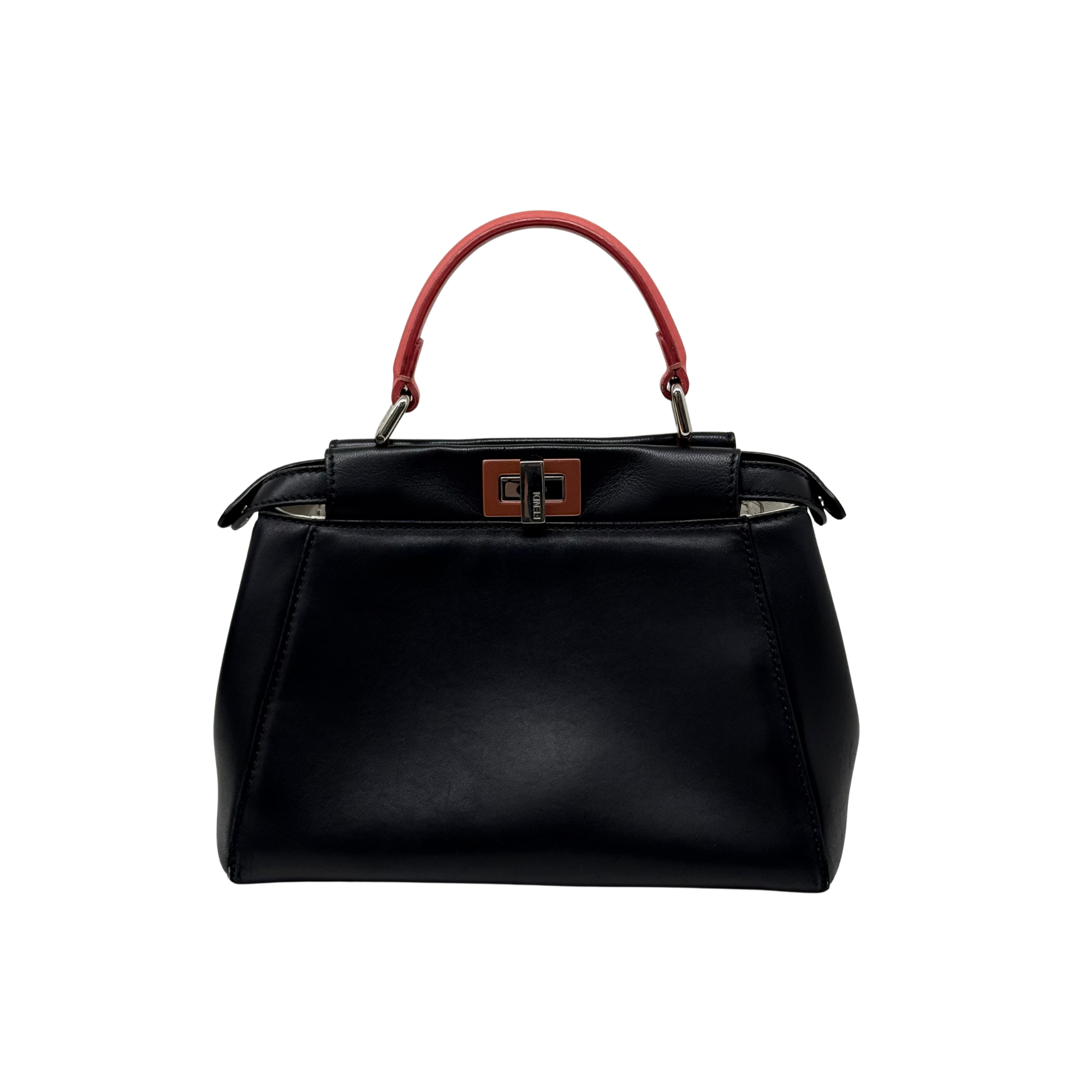 Pre-owned Fendi black leather top-handle handbag with coral-pink strap and front lock detail