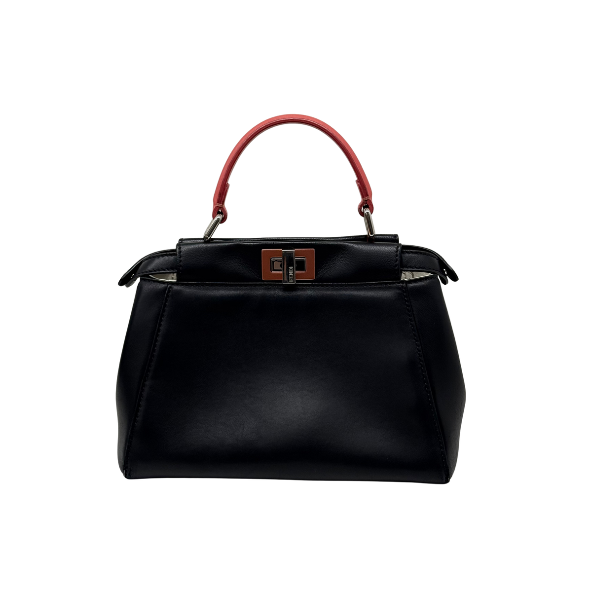 Pre-owned Fendi black leather top-handle handbag with coral-pink strap and front lock detail