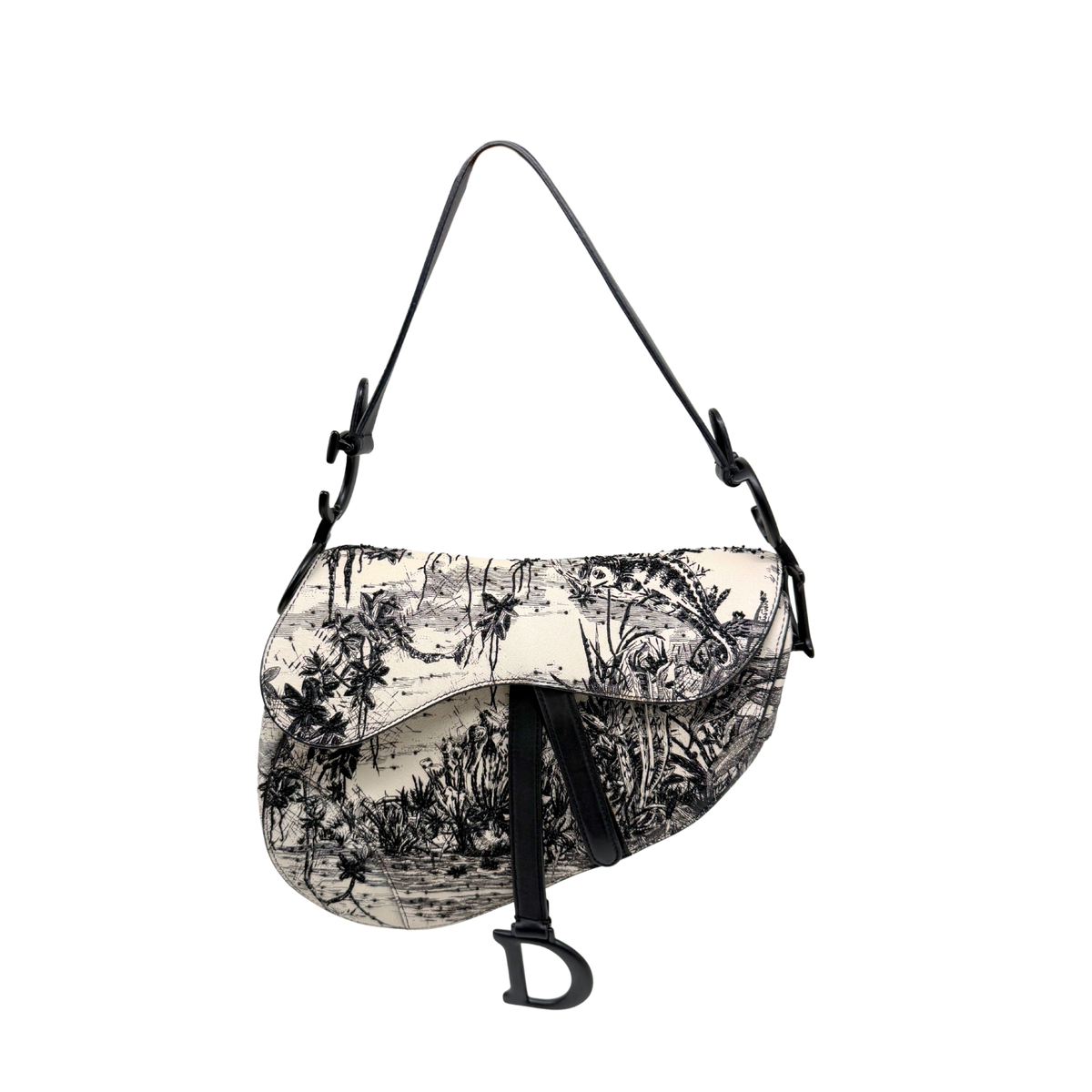 Christian Dior Calfskin Embroidered Palm Tree Toile De Jouy Saddle Bag White Black (pre-owned)
