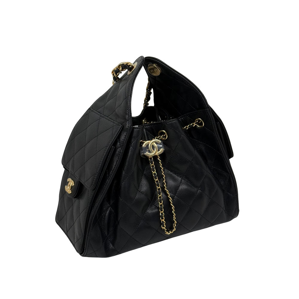 Black quilted leather Chanel hobo bag with chain strap and gold logo hardware