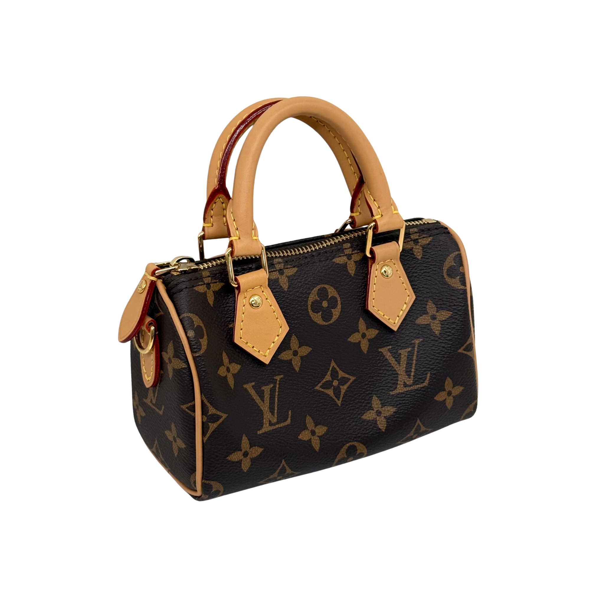 Louis Vuitton monogram canvas satchel with tan leather trim and gold-tone hardware