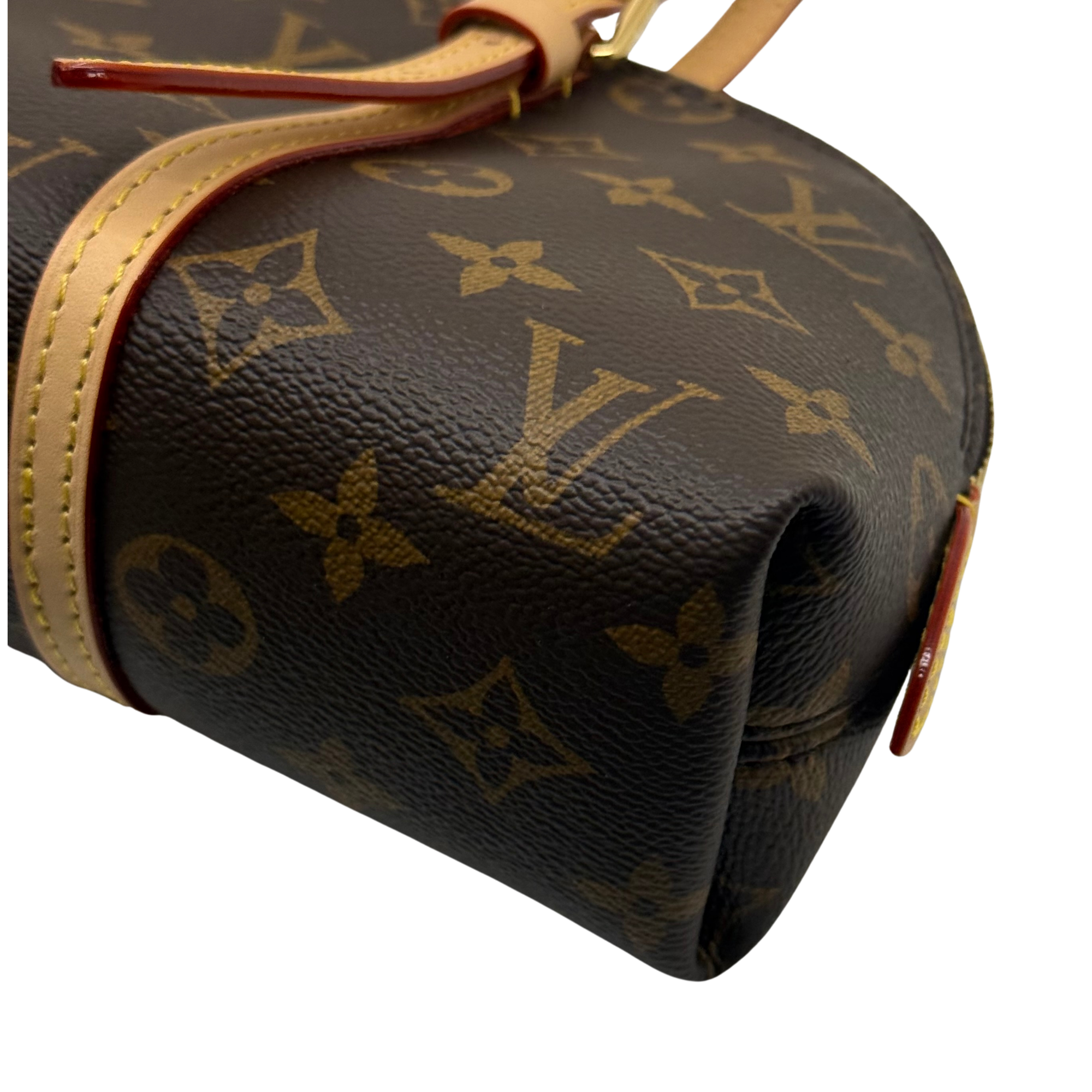 Louis Vuitton monogram bag with tan trim and red-edged accent