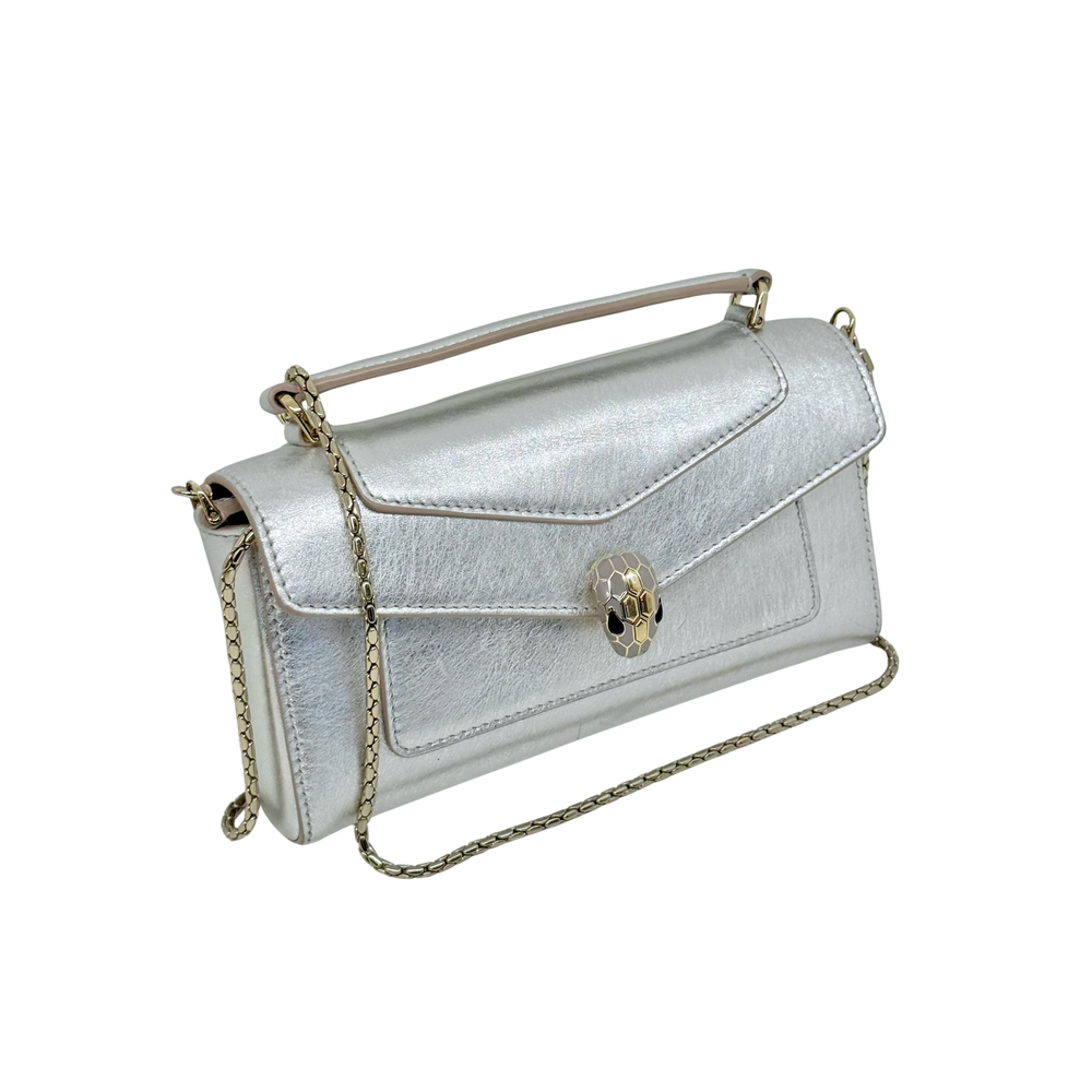 Pre-owned Bulgari silver metallic leather crossbody bag with top handle and gold chain strap