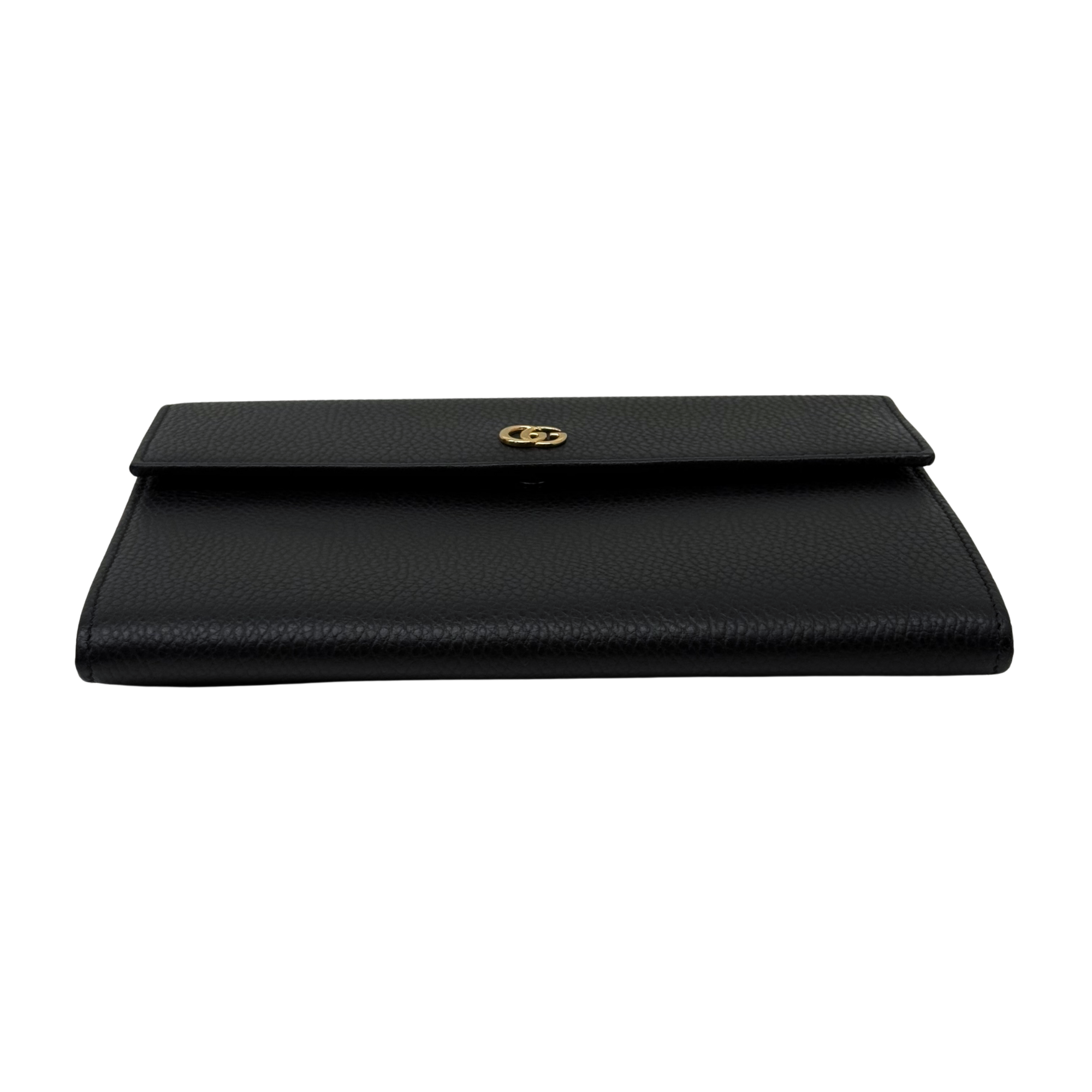 Black leather wallet with gold logo on front flap, folded side view
