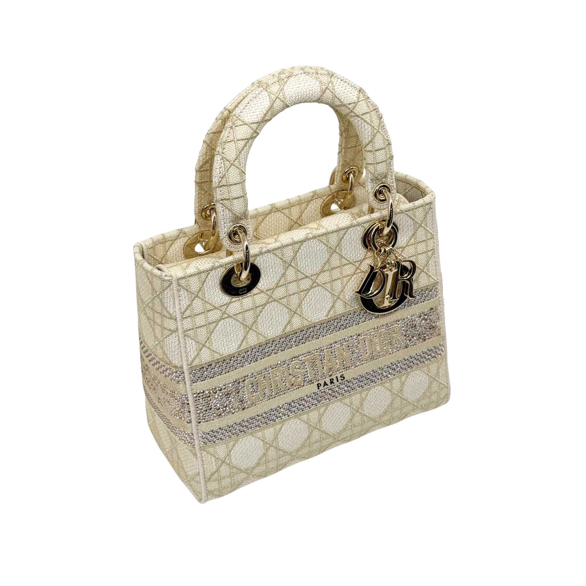 Christian Dior Medium Lady D-Lite bag, beige embroidered canvas, front view with handles
